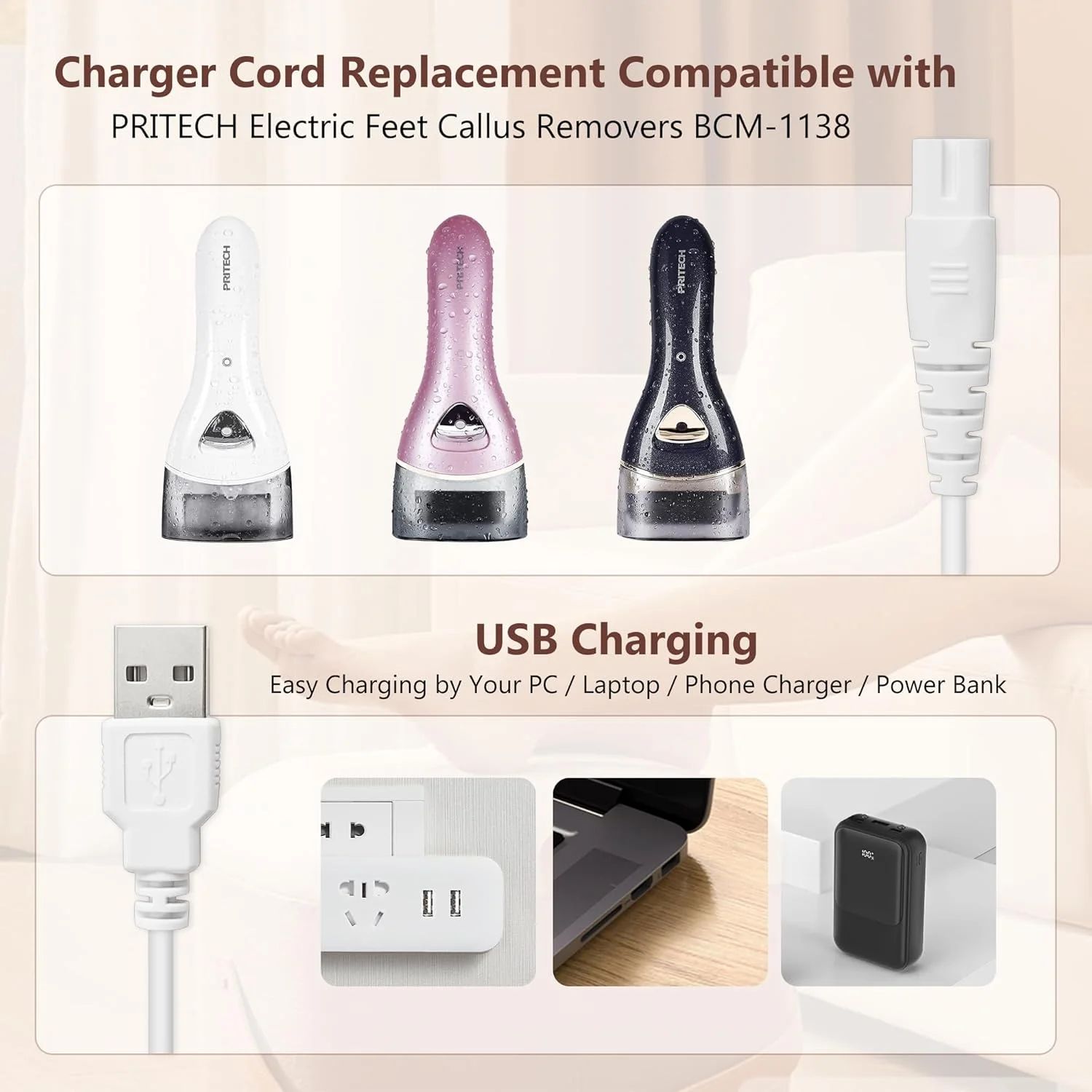 کابل شارژر برقی جایگزین GnoTis، بسته 2 عددی، سازگار با سنگ پای برقی Pritech BCM-1138، کابل آداپتور USB برای دستگاه سنگ پا کابل شارژر برقی جایگزین GnoTis، بسته 2 عددی، سازگار با سنگ پای برقی Pritech BCM-1138، کابل آداپتور USB برای دستگاه سنگ پا