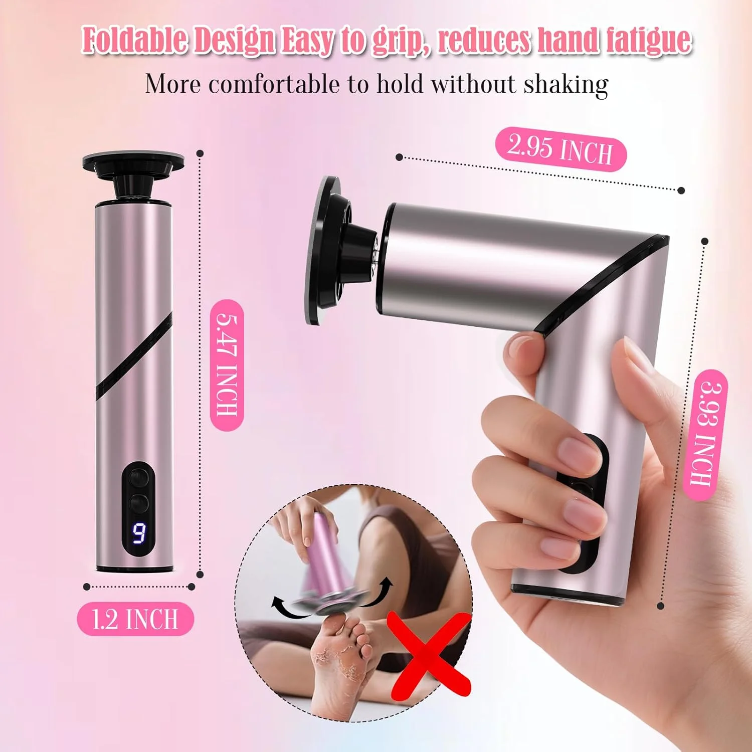 FUNKYLEE Electric Foot Callus Remover, Foldable Design, Rechargeable Electric Foot File, 2-in-1 Grinding Heads for Large Area Callus Removal and Delicate Care, 9 Adjustable Speeds (Rose Gold)