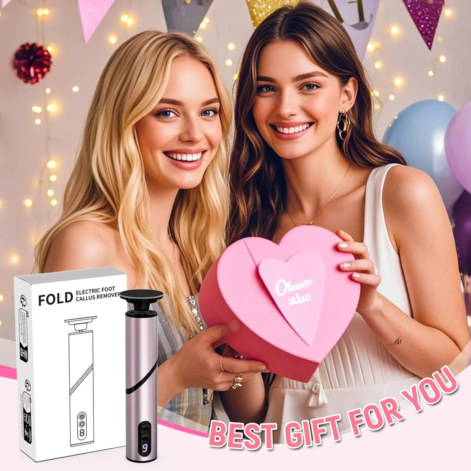 FUNKYLEE Electric Foot Callus Remover, Foldable Design, Rechargeable Electric Foot File, 2-in-1 Grinding Heads for Large Area Callus Removal and Delicate Care, 9 Adjustable Speeds (Rose Gold)