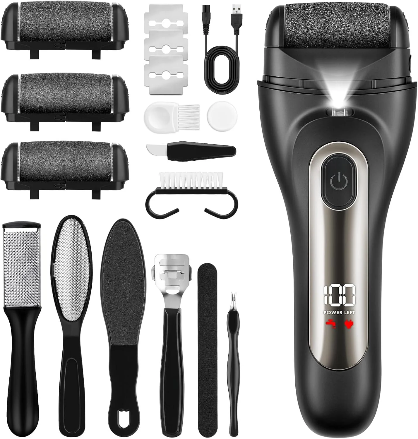 سوهان برقی پینه پا GlasFlength، ضد آب IPX7، دارای 3 غلتک تعویضی، سوهان برقی پا برای پاشنه های ترک خورده، از بین بردن پینه های مرده سوهان برقی پینه پا GlasFlength، ضد آب IPX7، دارای 3 غلتک تعویضی، سوهان برقی پا برای پاشنه های ترک خورده، از بین بردن پینه های مرده