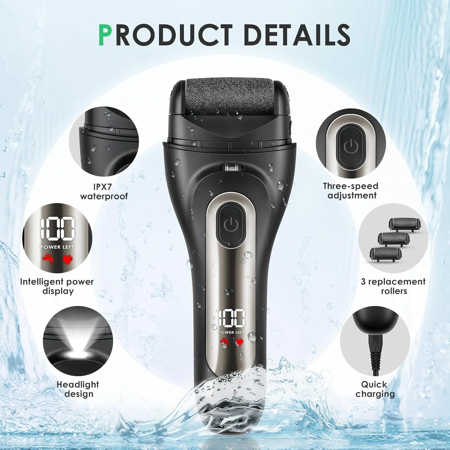 سوهان برقی پینه پا GlasFlength، ضد آب IPX7، دارای 3 غلتک تعویضی، سوهان برقی پا برای پاشنه های ترک خورده، از بین بردن پینه های مرده سوهان برقی پینه پا GlasFlength، ضد آب IPX7، دارای 3 غلتک تعویضی، سوهان برقی پا برای پاشنه های ترک خورده، از بین بردن پینه های مرده