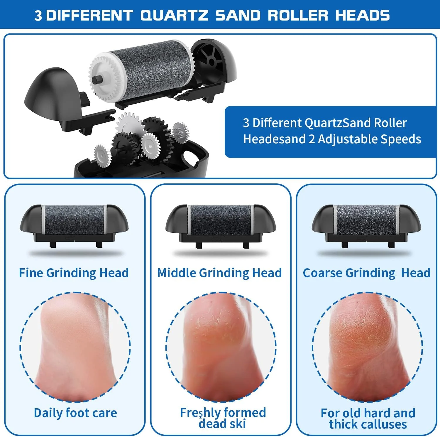 سوهان برقی پدیکور پا Geopu، کیت پدیکور الکترونیکی قابل حمل شارژی، سوهان ضد آب پا، ابزار حرفه ای پدیکور، مراقبت از پا برای پوست های مرده، هدیه ای ایده آل، 3 غلتک