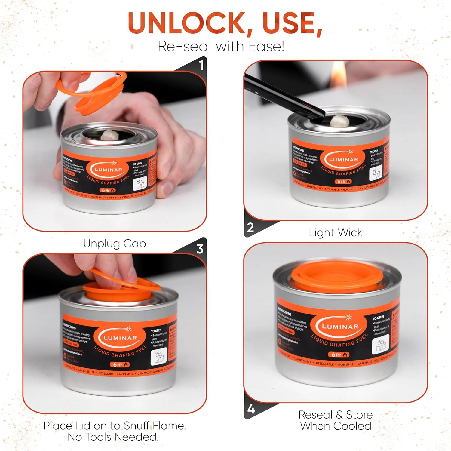 قوطی سوخت گرمایشی لومینار - شمع های فتیله ای گرم کننده غذا برای ظروف بوفه (12 عدد، 6 ساعته)