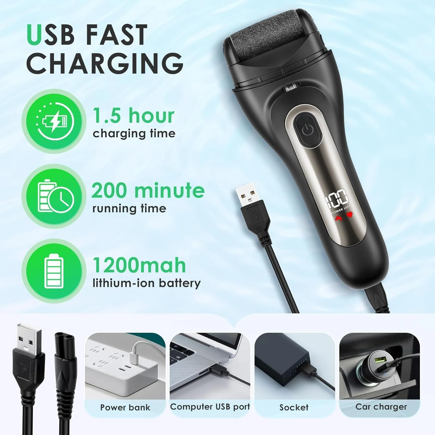 سوهان برقی پینه پا GlasFlength، ضد آب IPX7، دارای 3 غلتک تعویضی، سوهان برقی پا برای پاشنه های ترک خورده، از بین بردن پینه های مرده سوهان برقی پینه پا GlasFlength، ضد آب IPX7، دارای 3 غلتک تعویضی، سوهان برقی پا برای پاشنه های ترک خورده، از بین بردن پینه های مرده