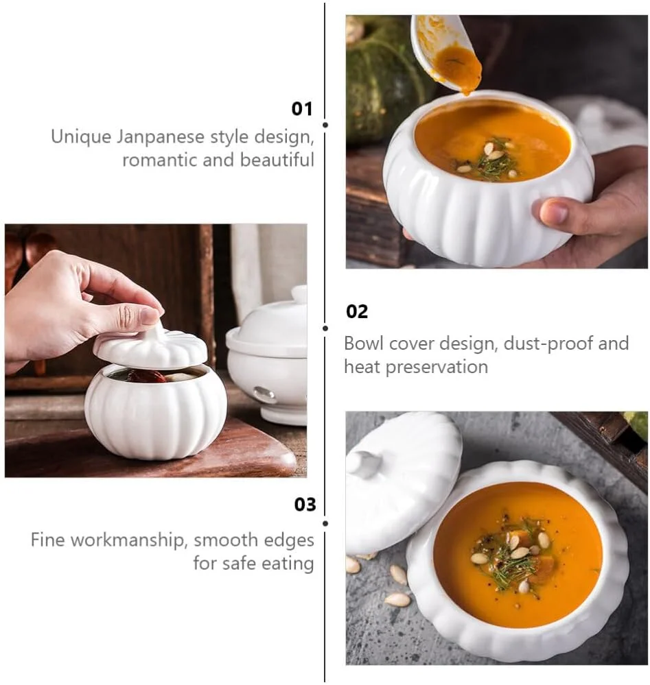 کاسه سوپ کدو تنبل سرامیکی Luxshiny با درب، کاسه دسر سرامیکی ظرف آب نبات کدو تنبل کاسه به شکل کدو تنبل برای مهمانی کدو تنبل هالووین سوپ خوری با درب