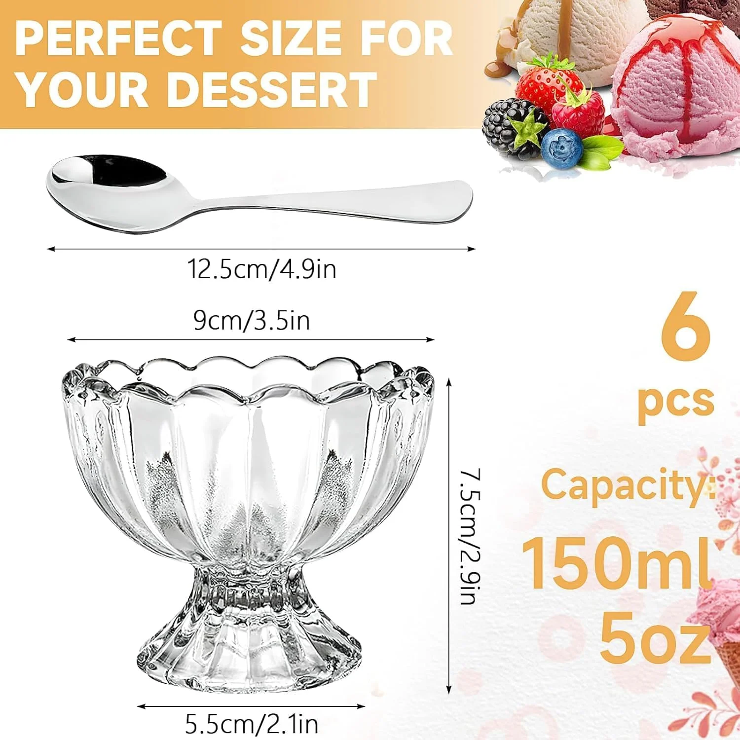 ست لیوان بستنی LYCN، 6 عدد کاسه دسر، لیوان دسر پایه دار، کاسه بستنی، 150 میلی لیتر، کاسه کوچک، فنجان های شفاف برای سالاد میوه، میلک شیک، پودینگ