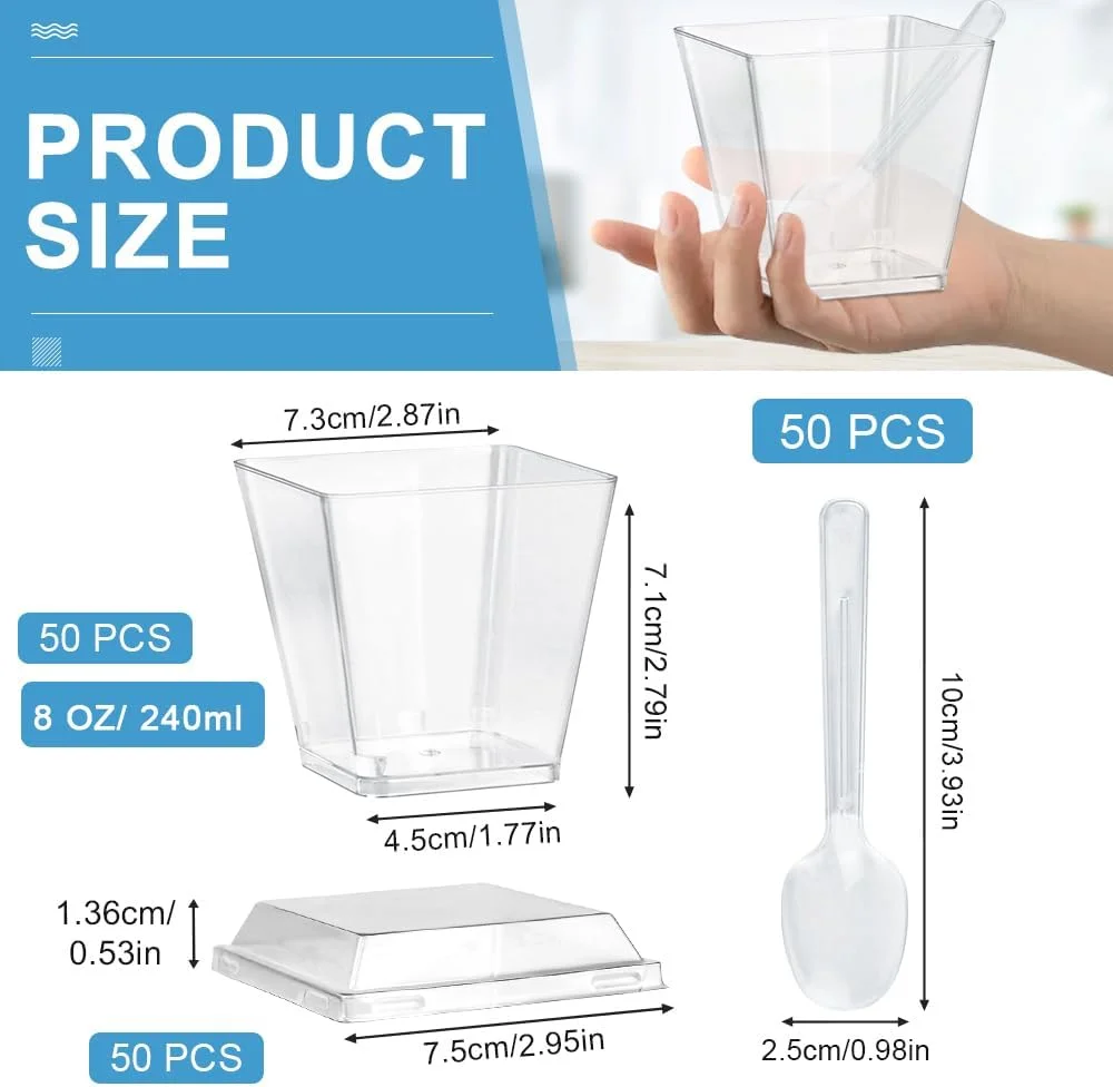 لیوان دسر پلاستیکی LPAMABA بسته 50 عددی 240 میلی لیتری با درب و قاشق، کاسه دسر پلاستیکی شفاف قابل استفاده مجدد برای موس، پودینگ و دسرهای مهمانی