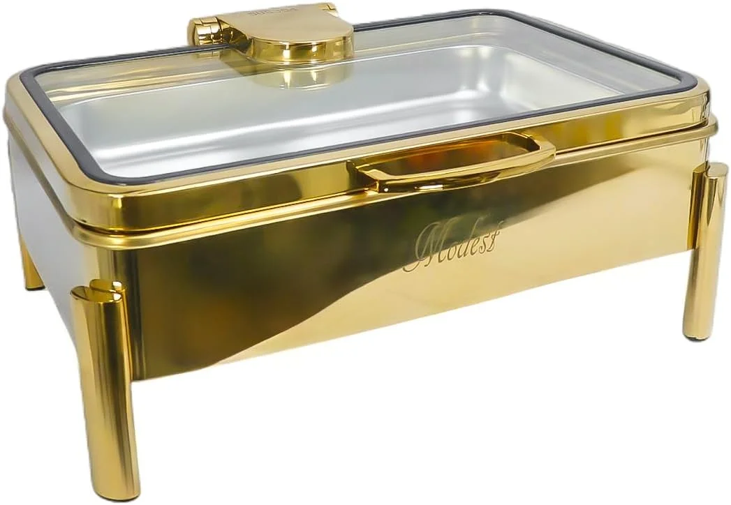 Full Gold 9L Luxury Rectangular Chafing Dish, Food Warmer, Breakfirst table, dinner table, Hotel, Restaurant, Golden