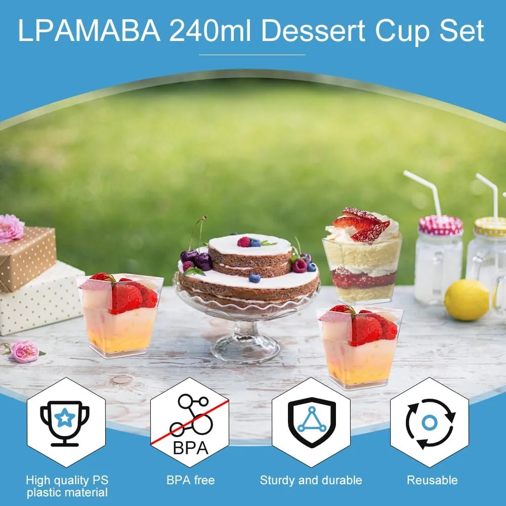 لیوان دسر پلاستیکی LPAMABA بسته 50 عددی 240 میلی لیتری با درب و قاشق، کاسه دسر پلاستیکی شفاف قابل استفاده مجدد برای موس، پودینگ و دسرهای مهمانی
