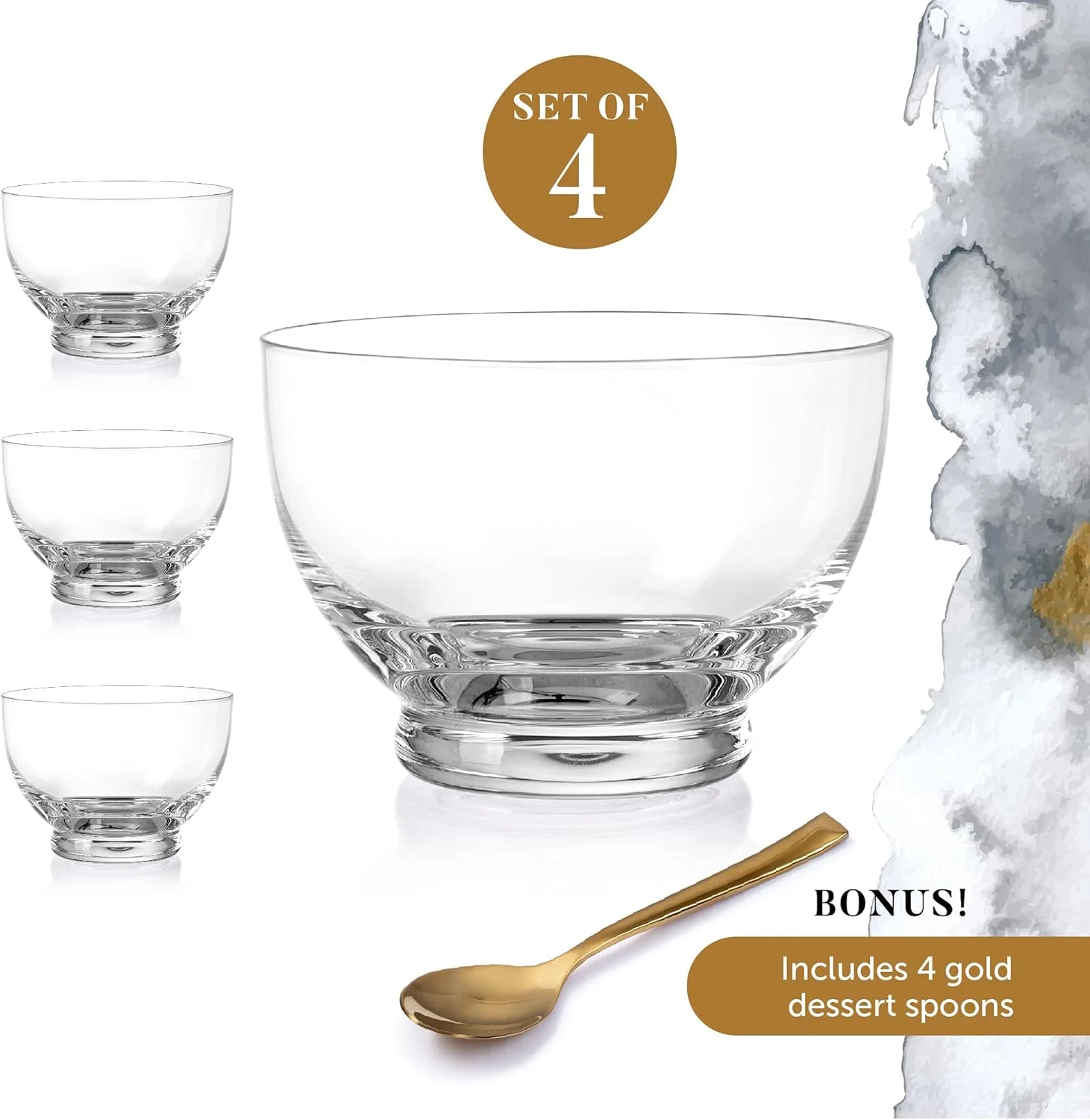 کاسه دسر شیشه ای دست ساز Lumi and Numi H – ست 4 تایی فنجان دسر کریستالی با قاشق های روکش طلا – کاسه های بستنی بدون سرب برای پیش غذا، چاشنی ها و کوکتل ها 350 میلی لیتری