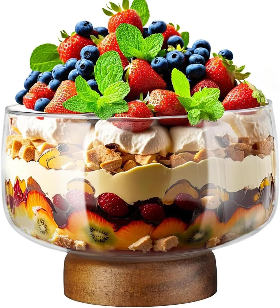 ظرف بزرگ ترایفل شیشه ای 3.64 لیتری LENND با پایه چوبی آکاسیا شیک، ظرف سرو چند منظوره برای کیک، سالاد، دسر، نمایش شیک برای مهمانی ها، عروسی ها، مناسبت های خاص، بادوام و تمیز کردن آسان ظرف بزرگ ترایفل شیشه ای 3.64 لیتری LENND با پایه چوبی آکاسیا شیک، ظرف سرو چند منظوره برای کیک، سالاد، دسر، نمایش شیک برای مهمانی ها، عروسی ها، مناسبت های خاص، بادوام و تمیز کردن آسان