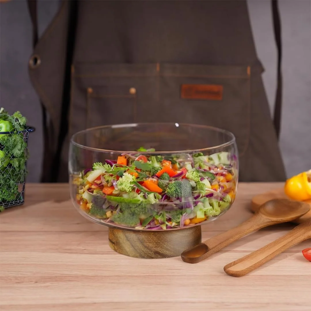 ظرف بزرگ ترایفل شیشه ای 3.64 لیتری LENND با پایه چوبی آکاسیا شیک، ظرف سرو چند منظوره برای کیک، سالاد، دسر، نمایش شیک برای مهمانی ها، عروسی ها، مناسبت های خاص، بادوام و تمیز کردن آسان