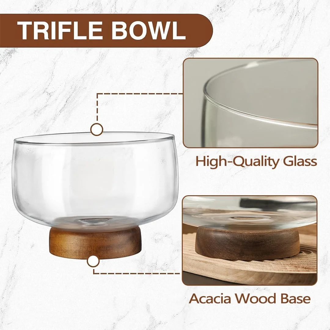 ظرف بزرگ ترایفل شیشه ای 3.64 لیتری LENND با پایه چوبی آکاسیا شیک، ظرف سرو چند منظوره برای کیک، سالاد، دسر، نمایش شیک برای مهمانی ها، عروسی ها، مناسبت های خاص، بادوام و تمیز کردن آسان
