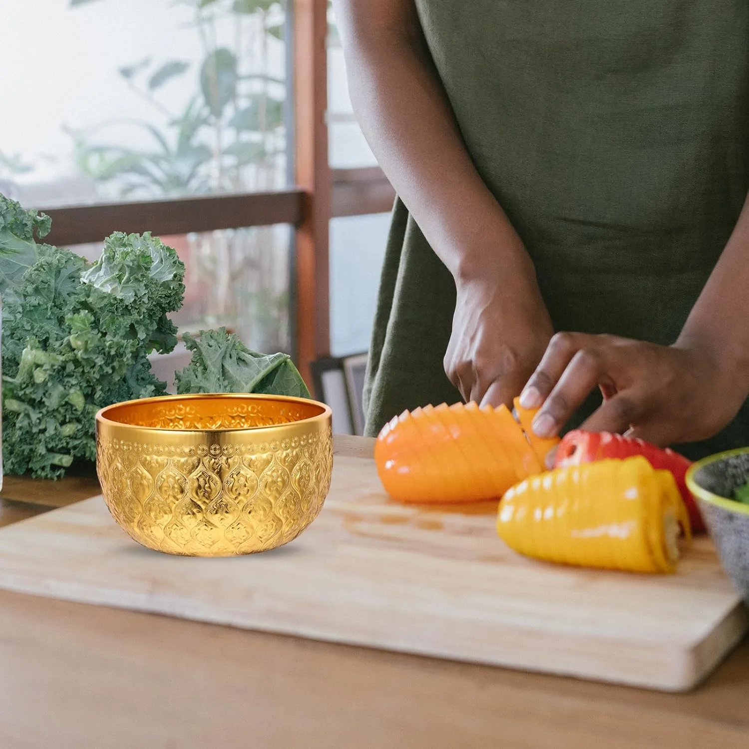 LOGOFUN کاسه های کوچک طلایی استیل ضد زنگ، کاسه های سوپ برنج فلزی عمیق با الگوهای حکاکی شده دستی، مدل کاسه دسر برای لوازم آشپزی خانگی، آشپزی، کمپینگ - طلایی