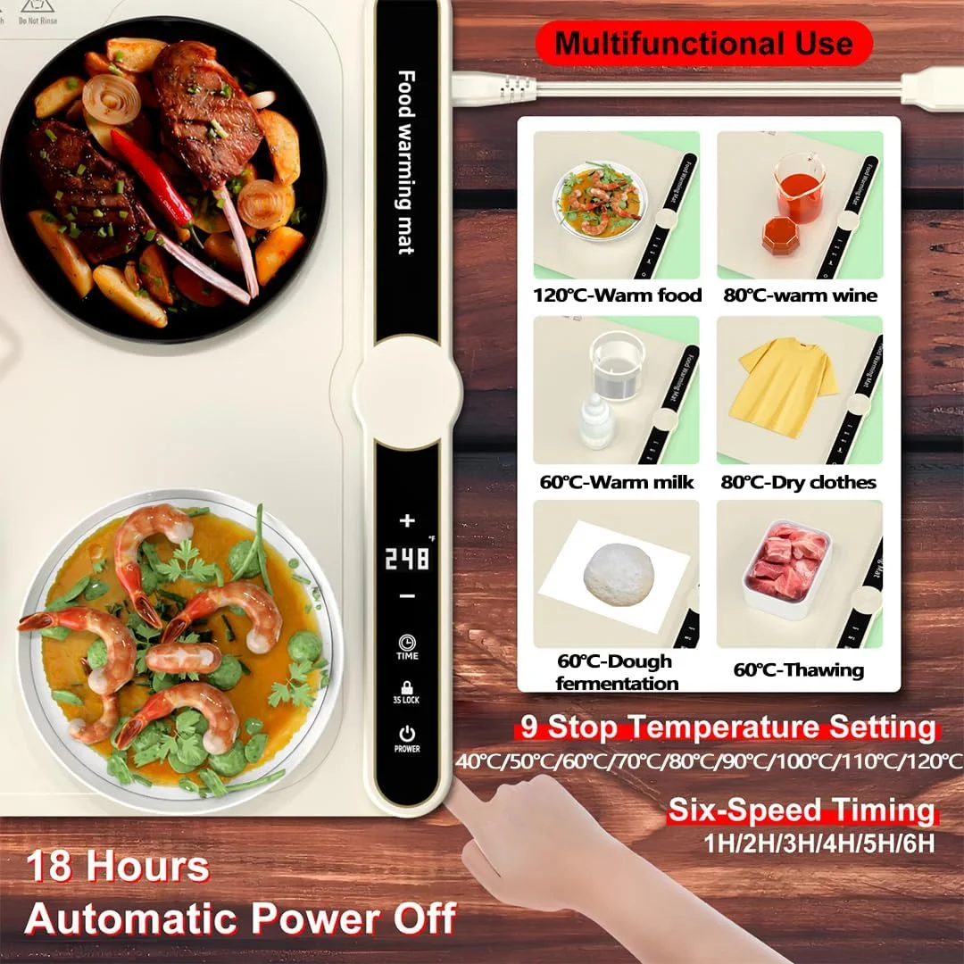 گرمکن برقی غذا لند - گرمایش کامل سطح، قابل رول شدن و قابل حمل، جنس نانو سیلیکونی درجه یک، 9 تنظیمات دما، خاموش شدن خودکار - گرمکن غذای چند منظوره برای مهمانی ها و استفاده روزمره