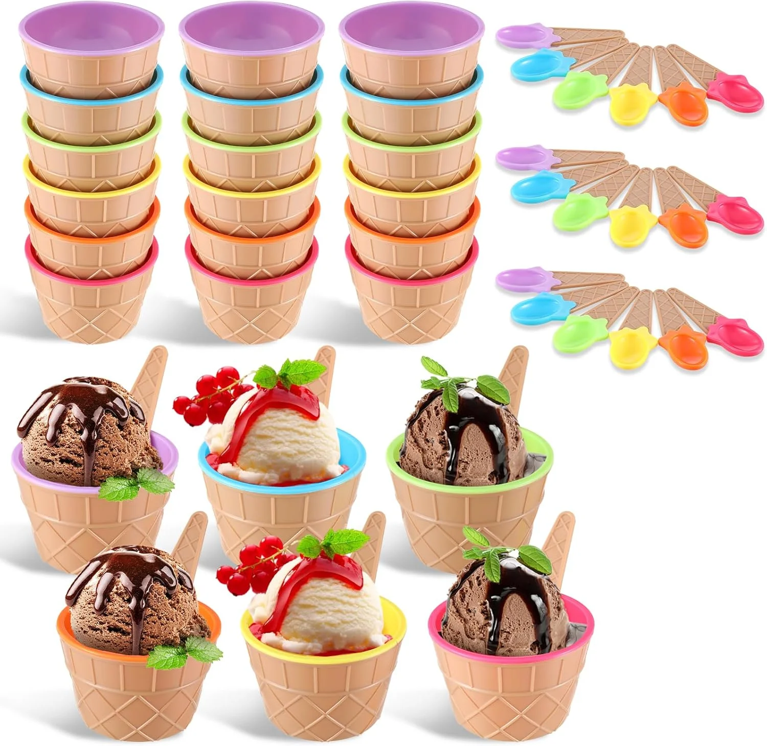 لیوان بستنی خوری مستقیم لمسیما با قاشق/ظرف پلاستیکی بزرگ با قاشق/ظروف دسر ماست یخ زده بستنی خوری لوازم کیت بستنی برای کودکان، مجموعه 24 عددی، AM553388_2