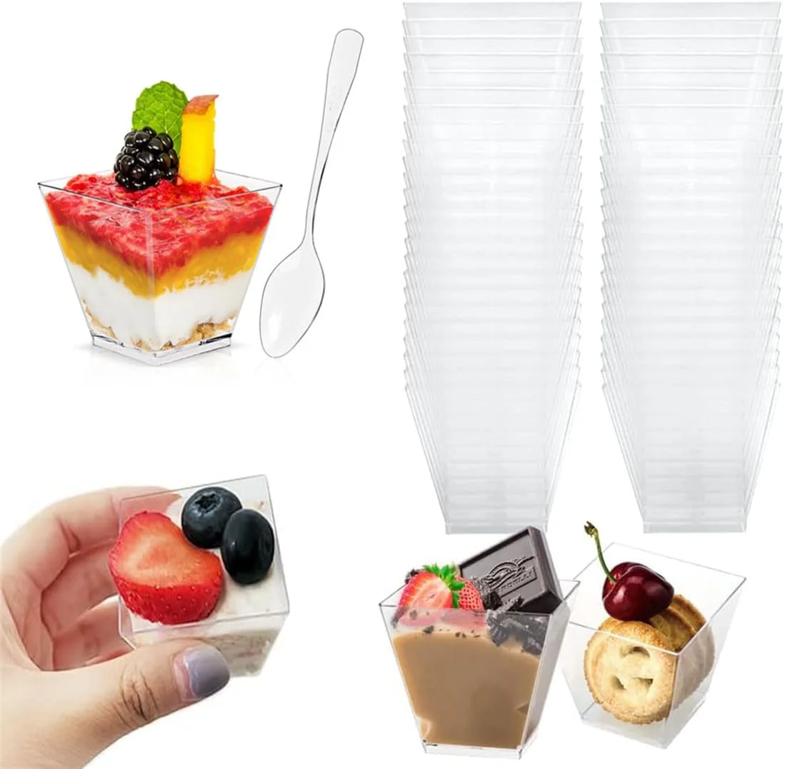 KWSLIN بسته 40 عددی فنجان دسر مربعی پلاستیکی 60 میلی لیتری به همراه قاشق، کاسه سرو پیش غذای شفاف کوچک یکبار مصرف برای تست کیک های مهمانی، بستنی، دسر و پیش غذا
