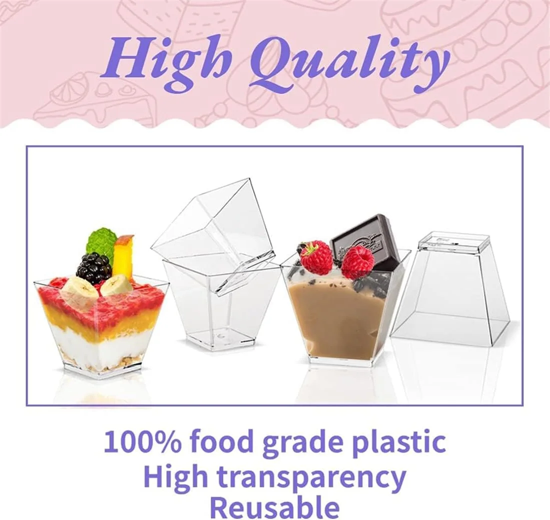 KWSLIN بسته 40 عددی فنجان دسر مربعی پلاستیکی 60 میلی لیتری به همراه قاشق، کاسه سرو پیش غذای شفاف کوچک یکبار مصرف برای تست کیک های مهمانی، بستنی، دسر و پیش غذا