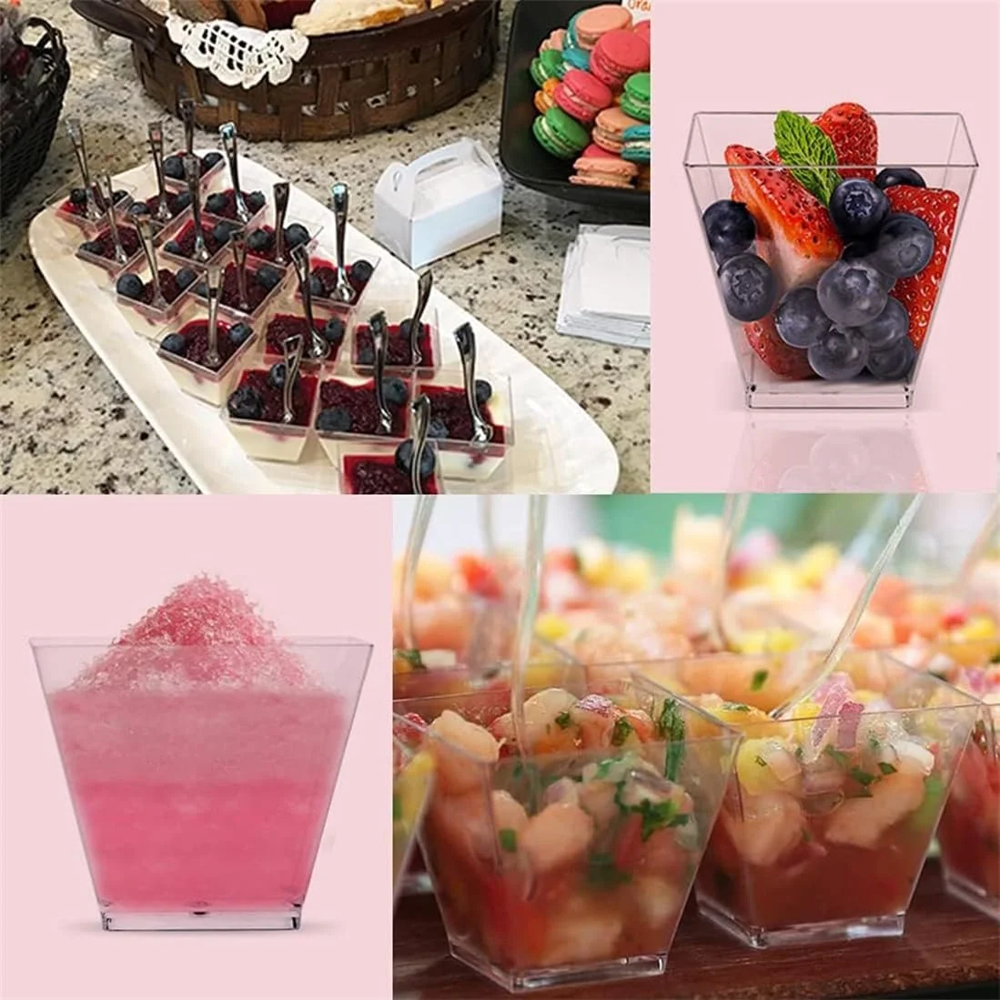 KWSLIN بسته 40 عددی فنجان دسر مربعی پلاستیکی 60 میلی لیتری به همراه قاشق، کاسه سرو پیش غذای شفاف کوچک یکبار مصرف برای تست کیک های مهمانی، بستنی، دسر و پیش غذا