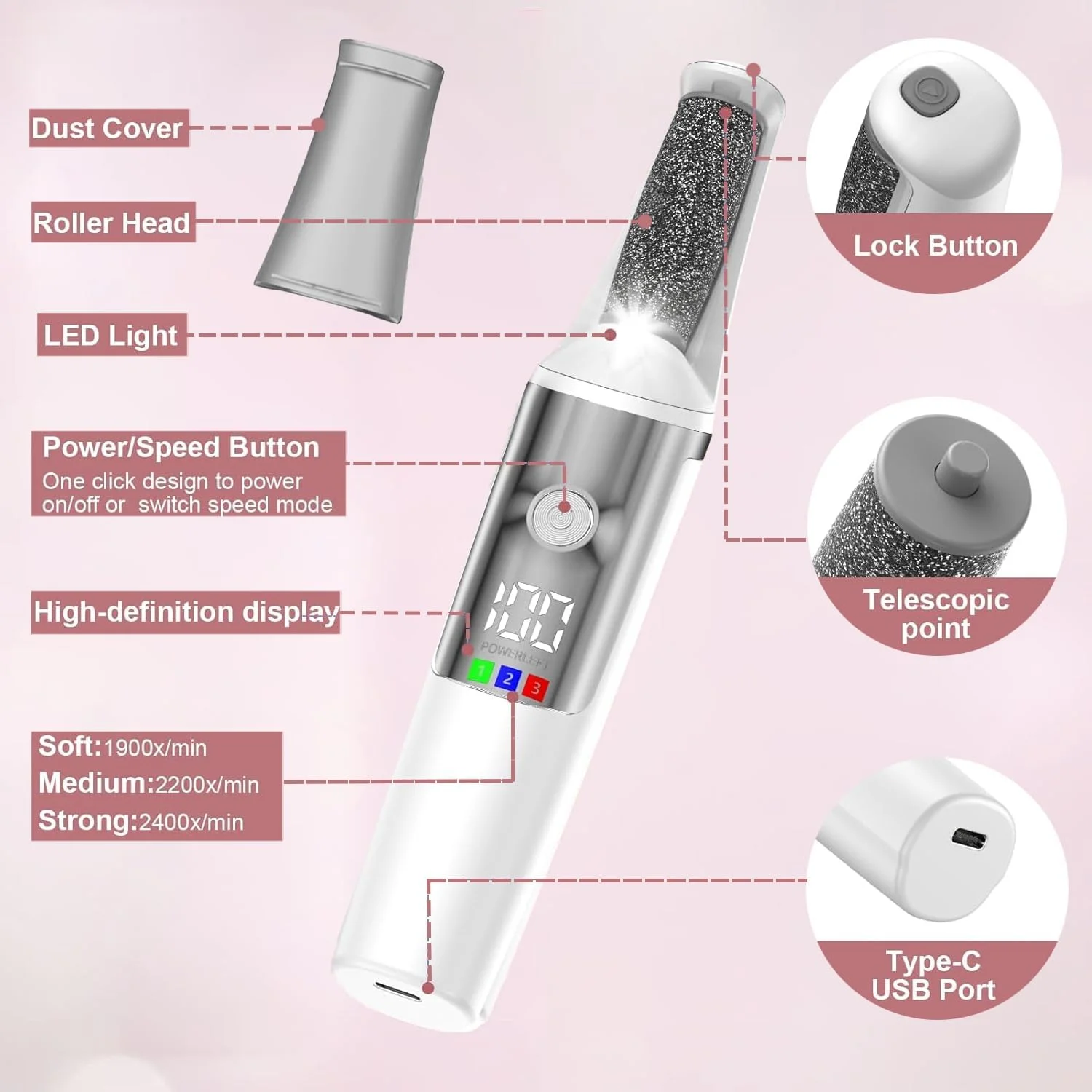 دستگاه سوهان برقی پا Exrp، ۳ غلتک، ۳ سرعت، ابزار حرفه ای پدیکور و اسکرابر پا برای از بین بردن پوست مرده، کیت مراقبت از پا برای مردان و زنان، هدیه ای ایده آل