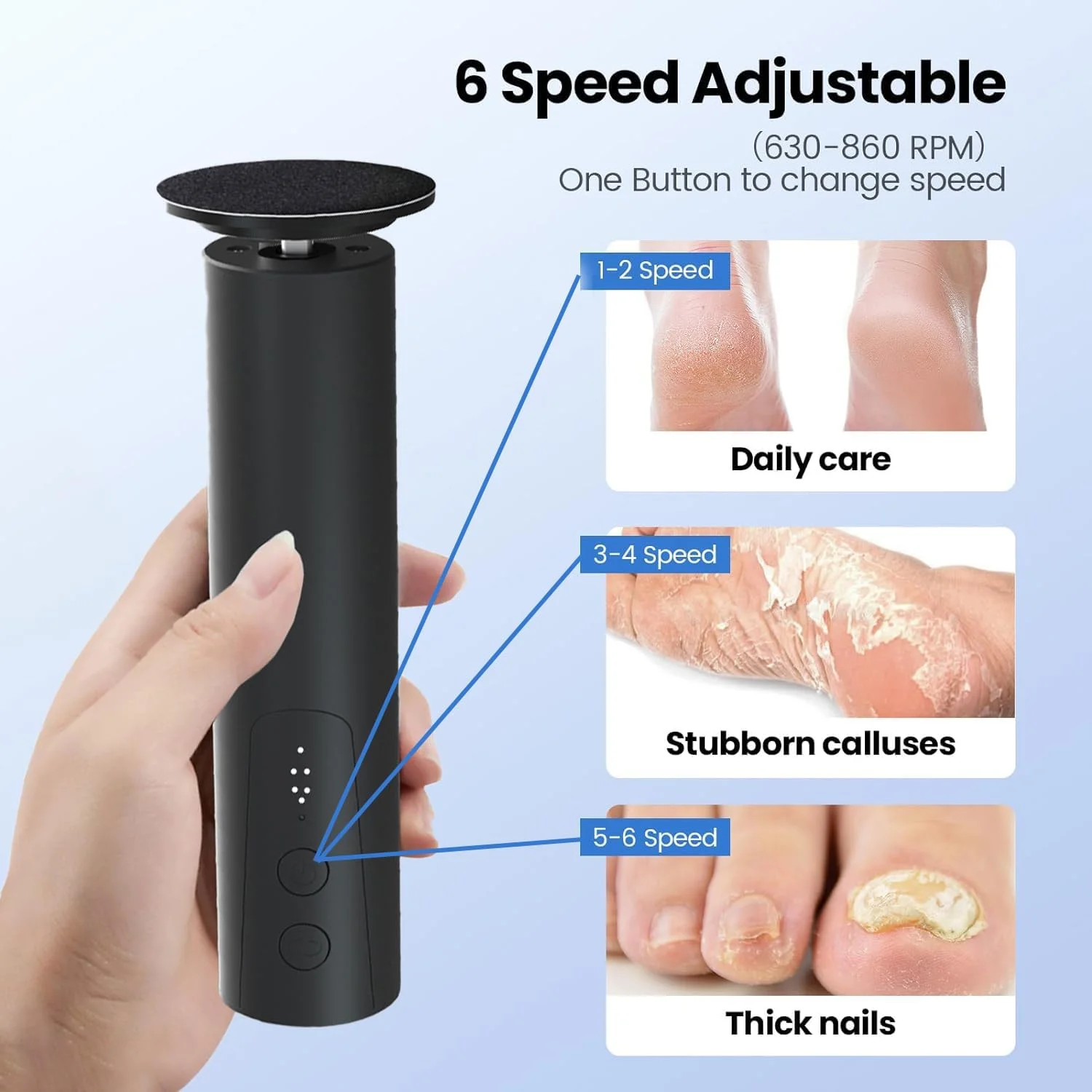 سوهان برقی پینه پا، سوهان برقی پا و سنگ ناخن 2 در 1، ابزار پدیکور سنباده ای شارژی حرفه ای برای پوست خشک و مرده پا به همراه دیسک سنباده، 6 سرعته قابل تنظیم