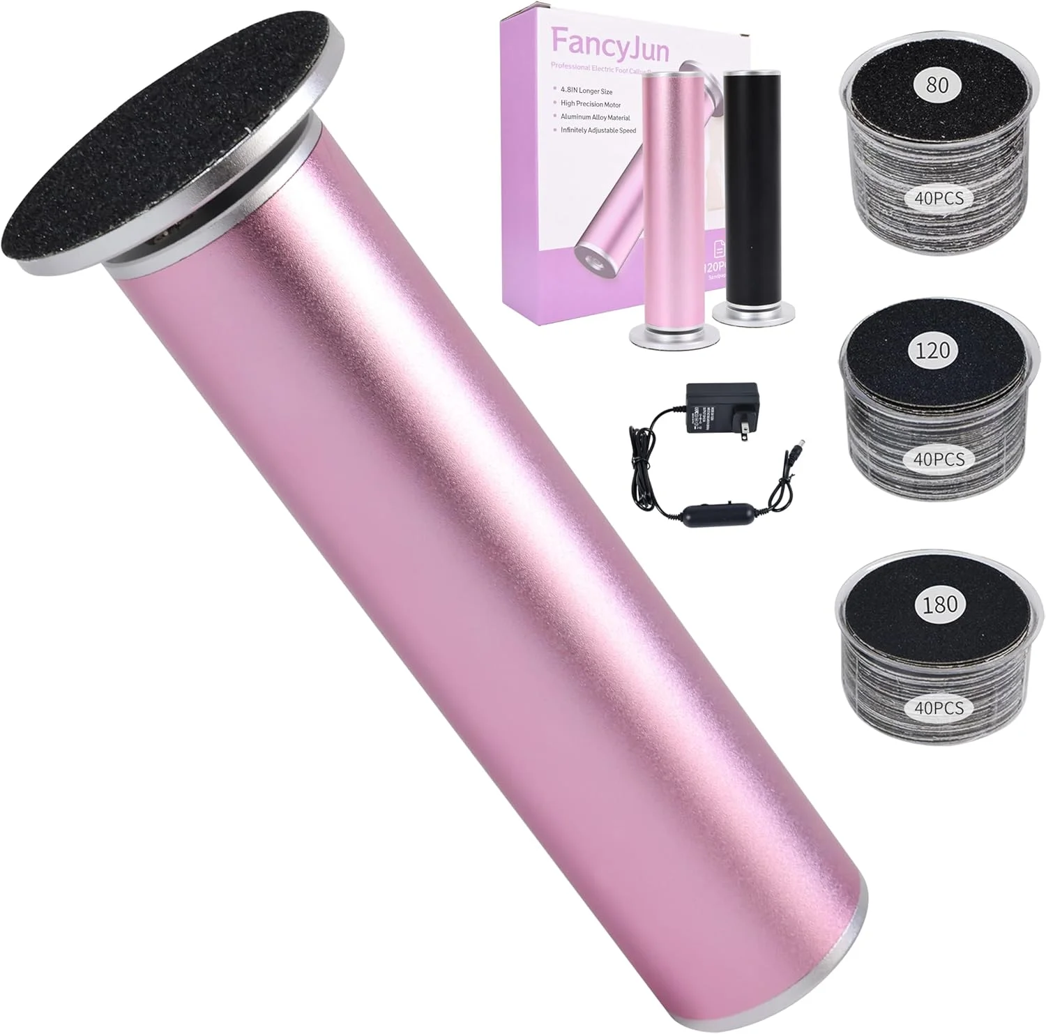 سوهان برقی پدیکور FancyJun به همراه 120 عدد دیسک سمباده (در 3 سایز)، سوهان حرفه ای آلومینیومی 800 دور در دقیقه 4.8 اینچی، دارای کنترل سرعت متغیر برای از بین بردن پوست های مرده (بنفش)