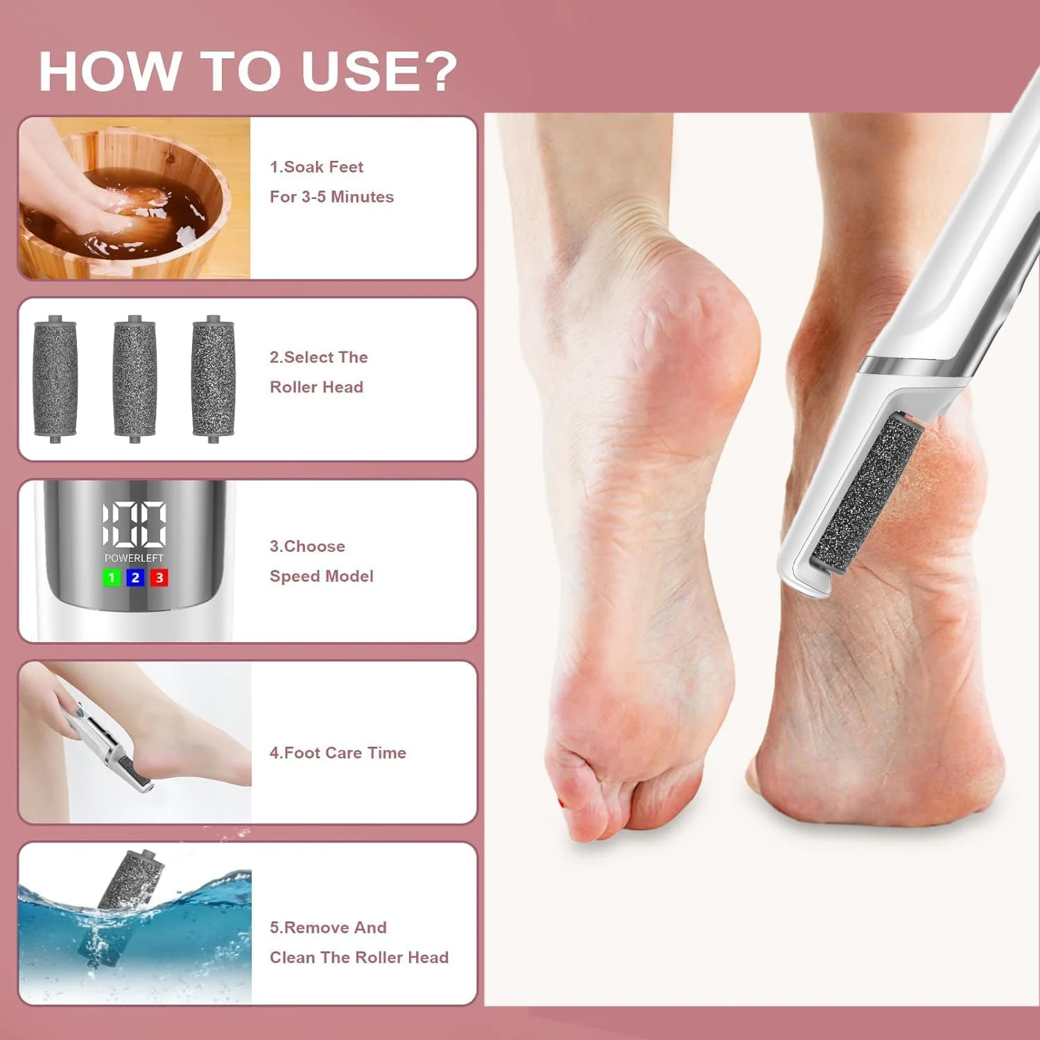 دستگاه سوهان برقی پا Exrp، ۳ غلتک، ۳ سرعت، ابزار حرفه ای پدیکور و اسکرابر پا برای از بین بردن پوست مرده، کیت مراقبت از پا برای مردان و زنان، هدیه ای ایده آل