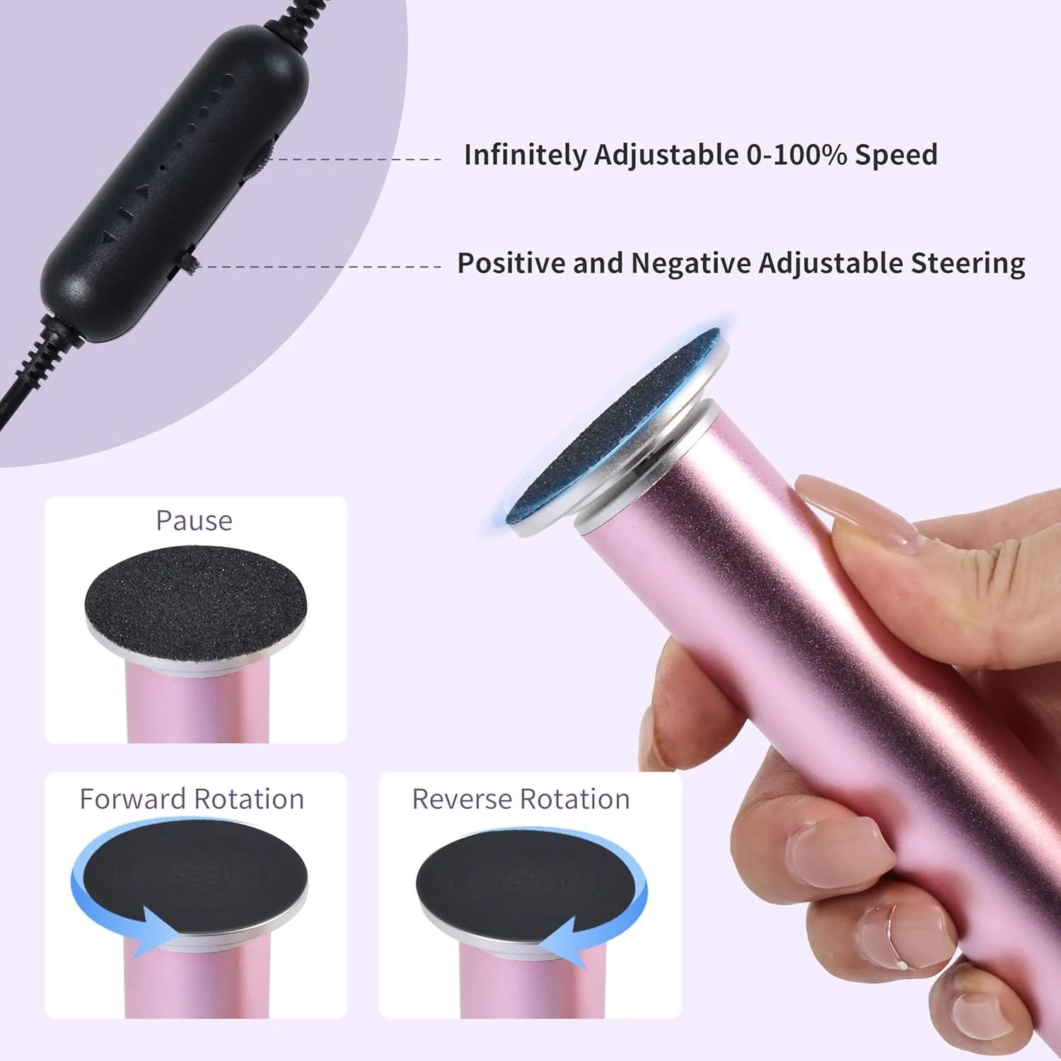 سوهان برقی پدیکور FancyJun به همراه 120 عدد دیسک سمباده (در 3 سایز)، سوهان حرفه ای آلومینیومی 800 دور در دقیقه 4.8 اینچی، دارای کنترل سرعت متغیر برای از بین بردن پوست های مرده (بنفش)