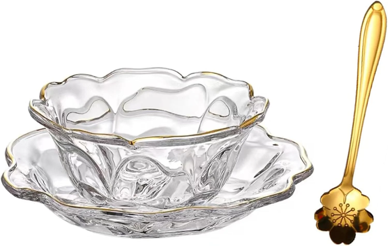 کاسه دسر شیشه ای طرح گل KKGUD با نعلبکی و قاشق، کاسه شیشه ای 180 میلی لیتری با لبه طلایی