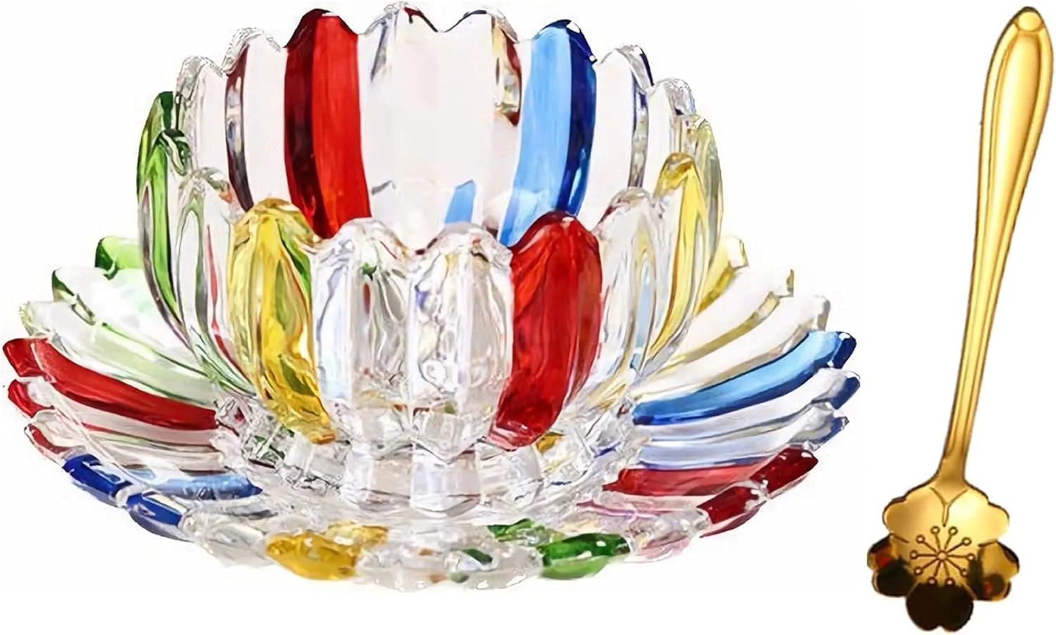 کاسه دسر شیشه ای گلبرگی KKGUD با نعلبکی و قاشق، کاسه شیشه ای چند رنگ