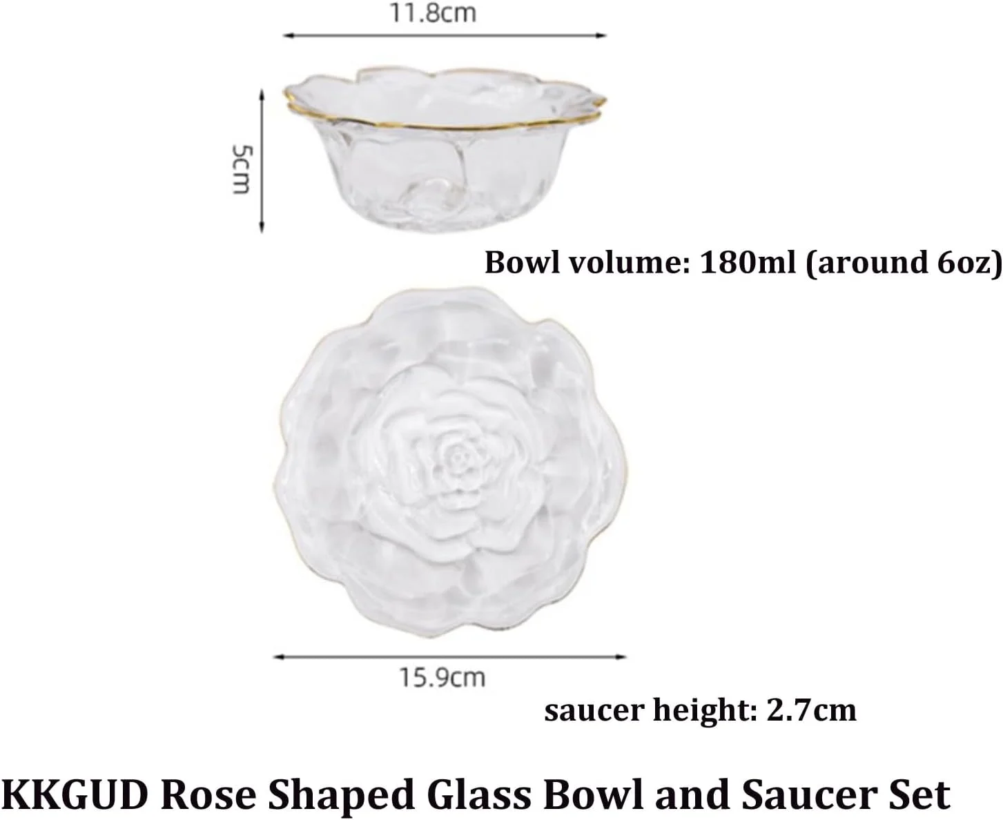 کاسه دسر شیشه ای طرح گل KKGUD با نعلبکی و قاشق، کاسه شیشه ای 180 میلی لیتری با لبه طلایی