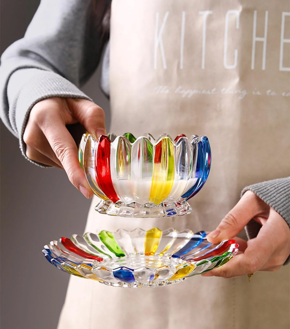 کاسه دسر شیشه ای گلبرگی KKGUD با نعلبکی و قاشق، کاسه شیشه ای چند رنگ