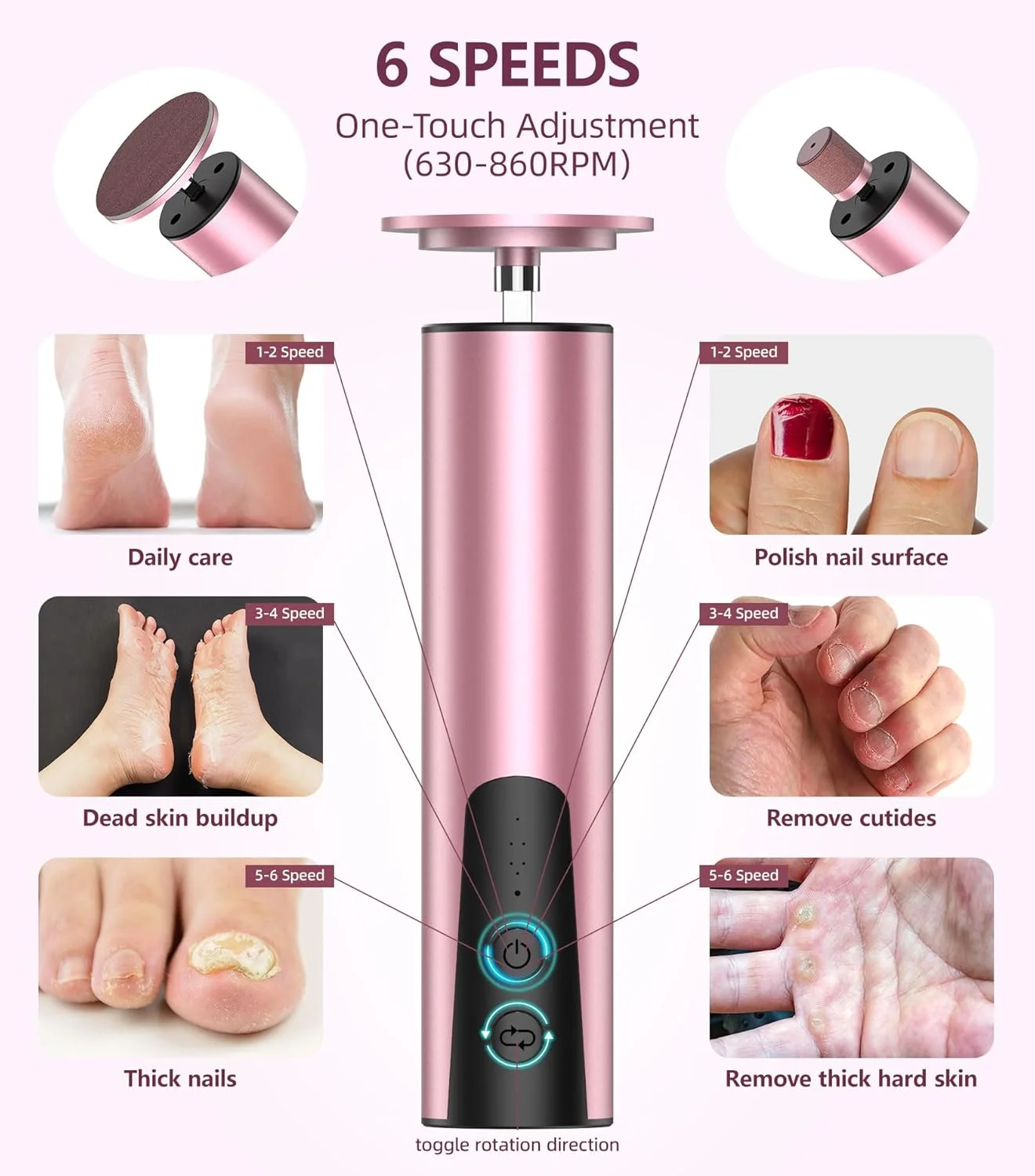 دستگاه سوهان برقی پدیکور و مانیکور ERYUHAIAN، سوهان برقی پا و سوهان ناخن 2 در 1، دستگاه سوهان پا شارژی، سمباده برقی حرفه ای پا برای از بین بردن پوست مرده، 6 سرعت قابل تنظیم - صورتی