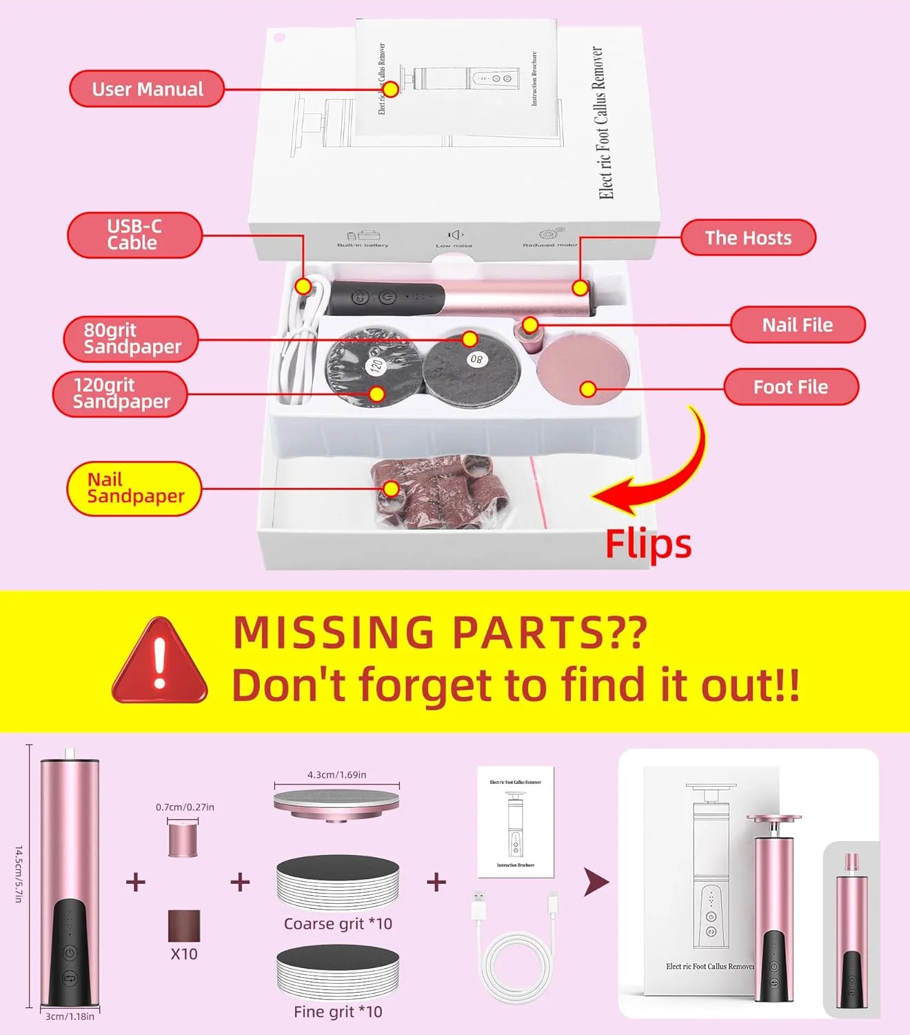 دستگاه سوهان برقی پدیکور و مانیکور ERYUHAIAN، سوهان برقی پا و سوهان ناخن 2 در 1، دستگاه سوهان پا شارژی، سمباده برقی حرفه ای پا برای از بین بردن پوست مرده، 6 سرعت قابل تنظیم - صورتی