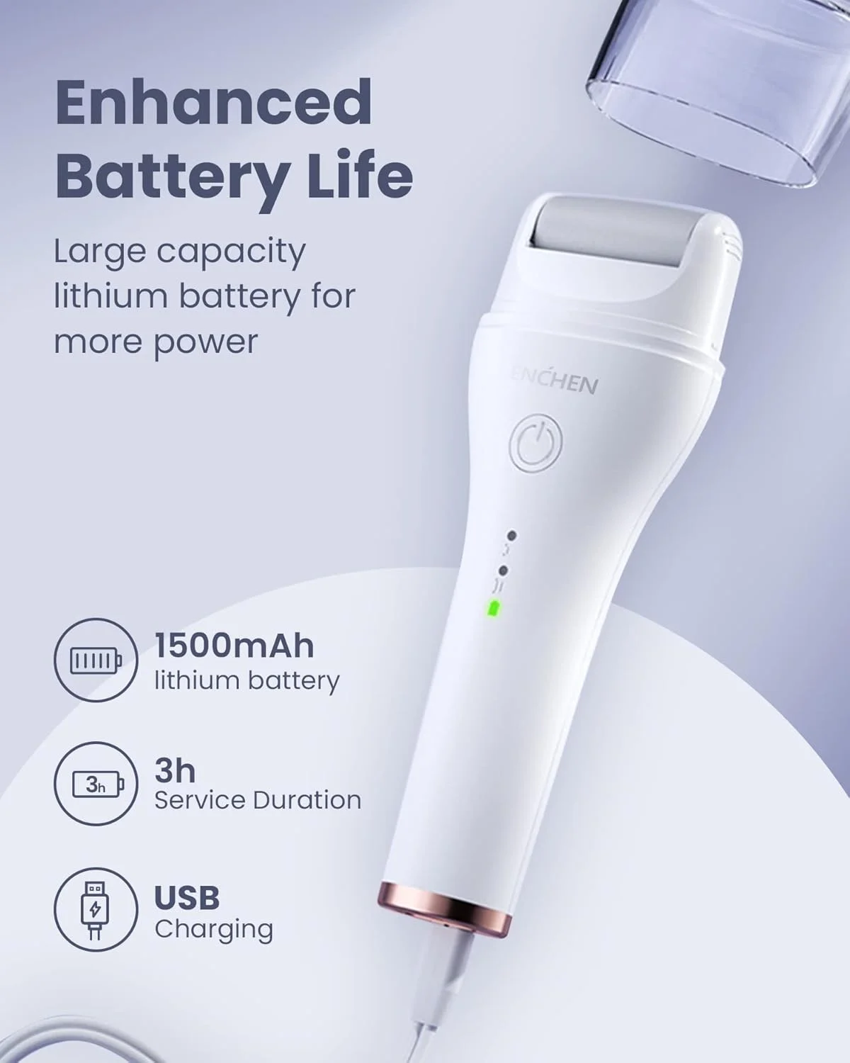 سوهان برقی پدیکور پا اِنچن مدل Rock با غلتک 360 درجه، تنظیم دو سرعته، 3 سری غلتکی مختلف، ضد آب IPX6، سنگ پا برقی | باتری 1500 میلی آمپر ساعتی | شارژ USB - سفید