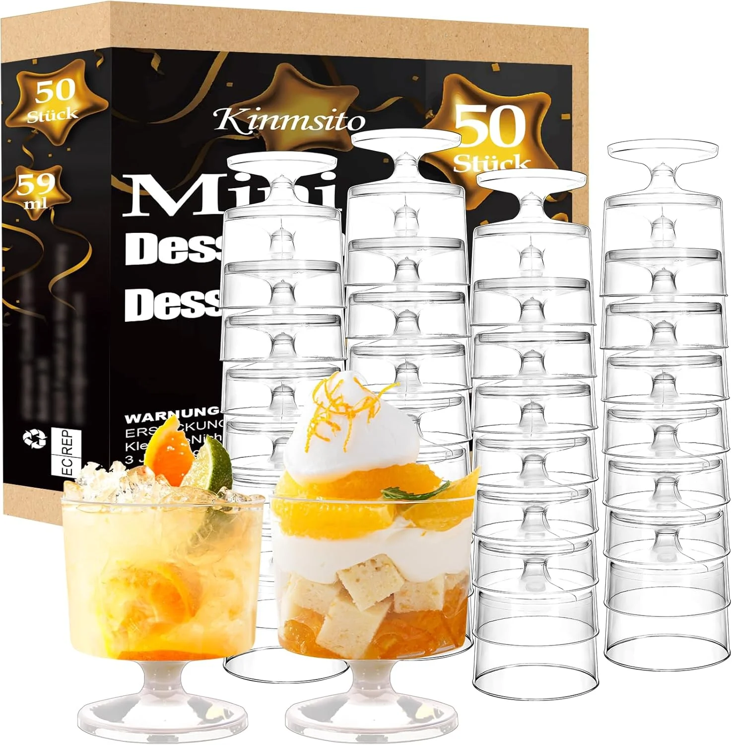 بسته 50 عددی فنجان دسر Kinmsito، فنجان های دسر مینی 59 میلی لیتری، فنجان های دسر گرد، کاسه های دسر شفاف، لیوان های دسر قابل استفاده مجدد برای مهمانی موس پودینگ دسر (5.6 x 5 سانتی متر)