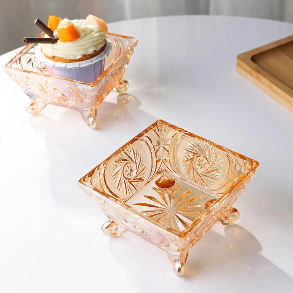 کلندل 2 عدد کاسه دسر شیشه ای 7oz، کاسه های سرو حکاکی شده مربعی پایه دار شفاف، کاسه چاشنی ترایفل، کاسه سالاد، بستنی، ظرف کاسه میوه، استند نمایش دسر برای آشپزخانه کافه شفاف