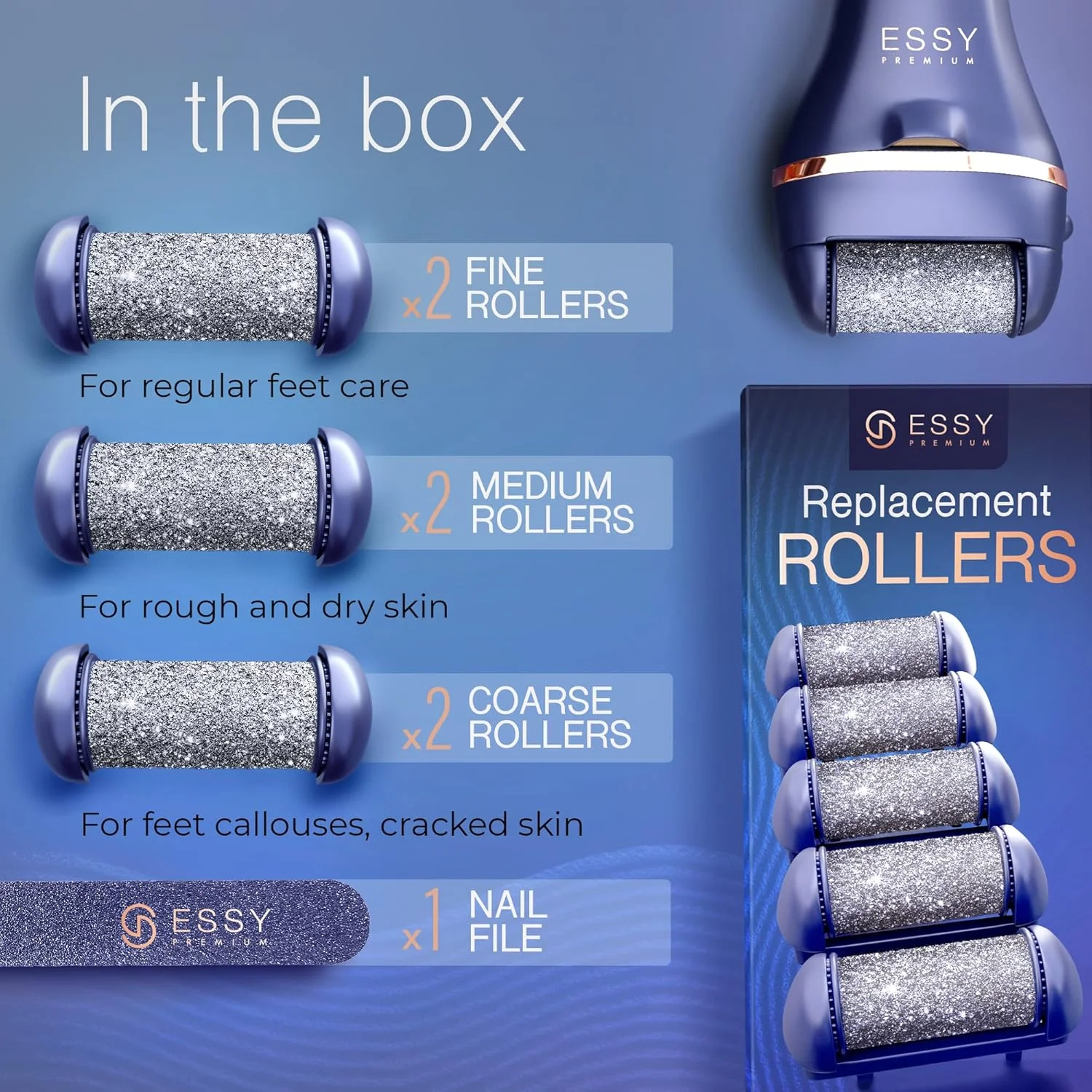 سوهان برقی پا Essy، از بین برنده پینه پا، سوهان برقی پا برای از بین بردن پوست مرده، ابزار از بین برنده پینه پا، پدیکور برقی (آبی تیره)