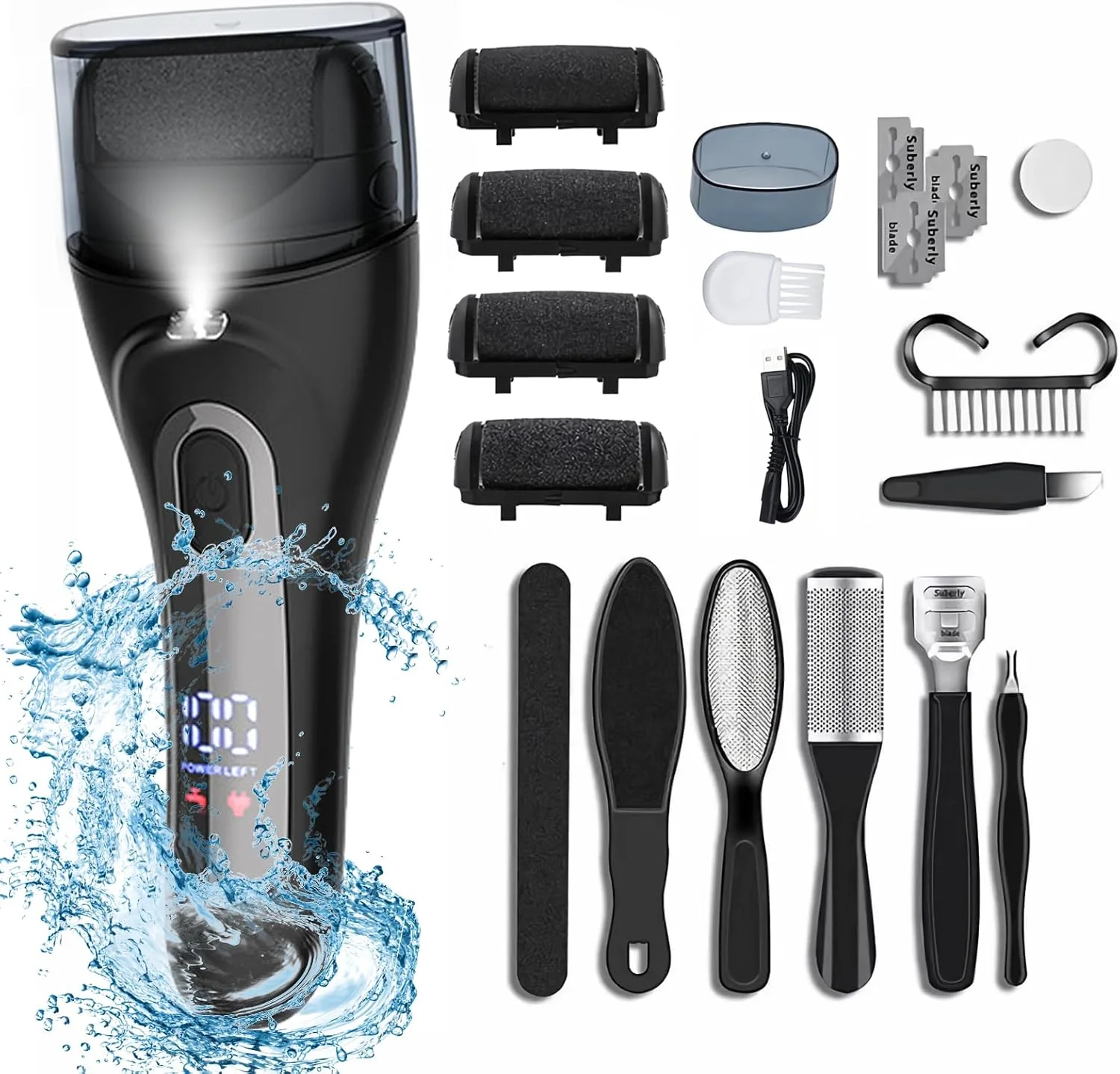 سوهان برقی پدیکور پا Putorex، کیت مراقبت حرفه ای و قابل حمل پا، ضد آب و قابل شارژ، ابزار سوهان پدیکور پا، 4 غلتک، 3 سرعت، نمایشگر باتری، برای پوست های خشک، ترک خورده و مرده