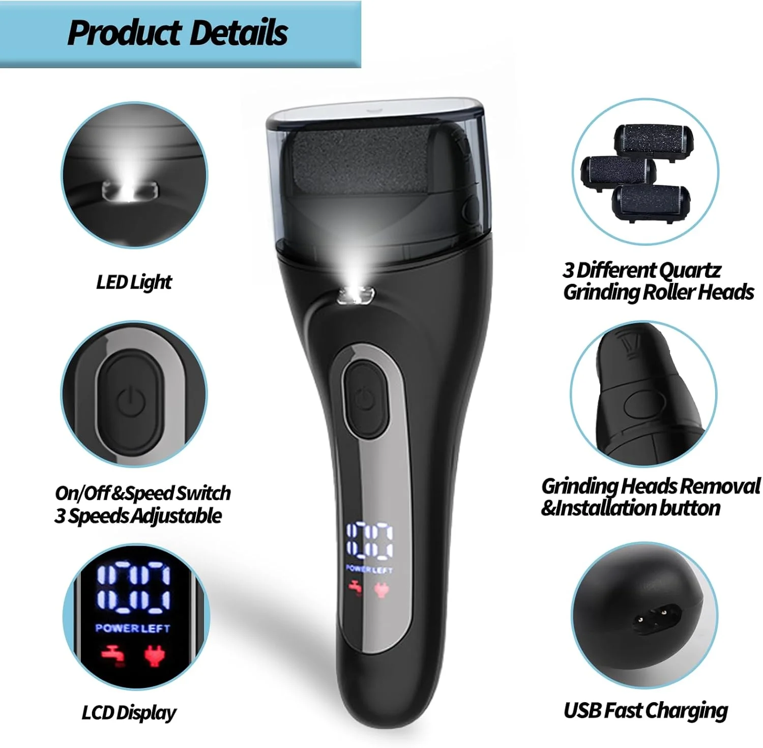 سوهان برقی پدیکور پا Putorex، کیت مراقبت حرفه ای و قابل حمل پا، ضد آب و قابل شارژ، ابزار سوهان پدیکور پا، 4 غلتک، 3 سرعت، نمایشگر باتری، برای پوست های خشک، ترک خورده و مرده