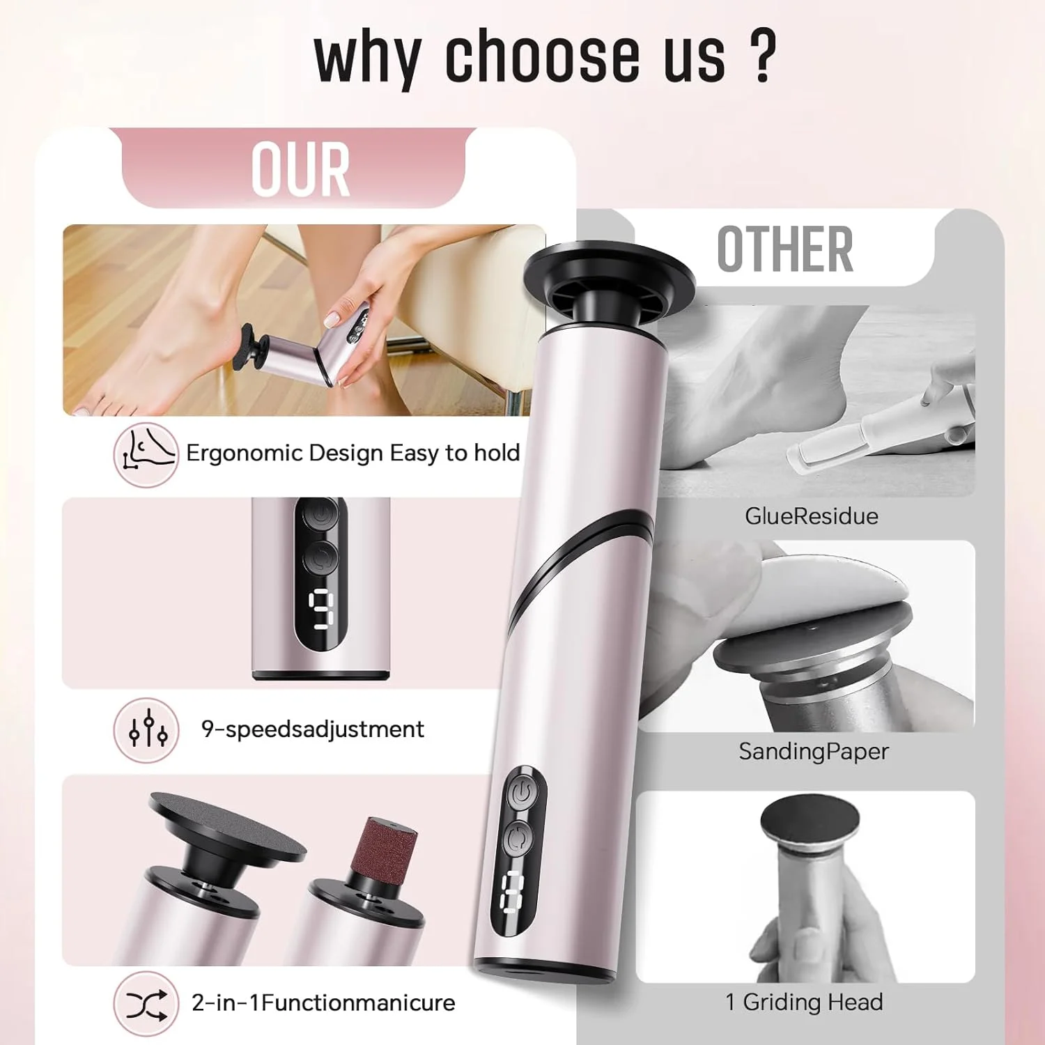 سوهان برقی پدیکور پا، سوهان پدیکور شارژی 2 در 1 بی سیم، حداکثر 900 دور در دقیقه، دارای 9 سرعت قابل تنظیم، اسکرابر پا برای از بین بردن پوست های مرده و ترک خورده (تک بسته)