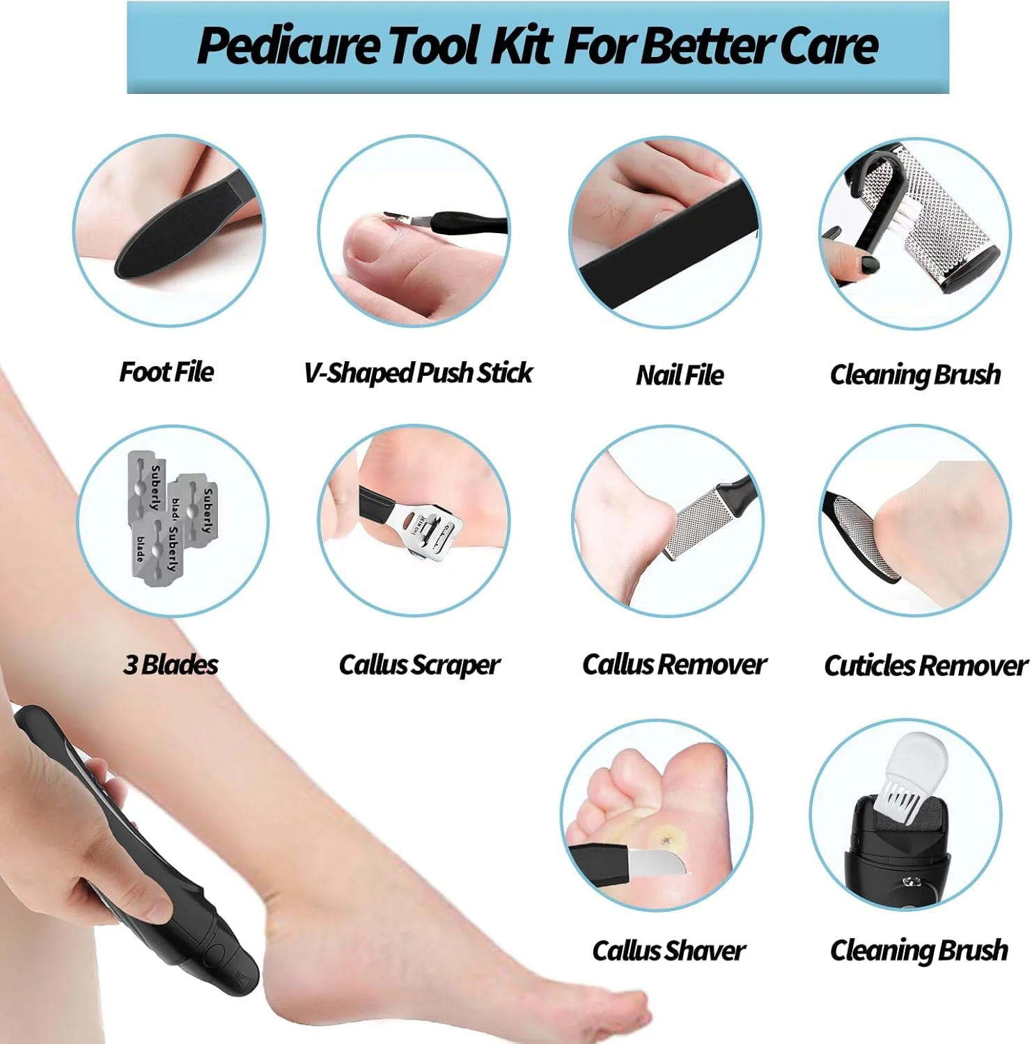 سوهان برقی پدیکور پا Putorex، کیت مراقبت حرفه ای و قابل حمل پا، ضد آب و قابل شارژ، ابزار سوهان پدیکور پا، 4 غلتک، 3 سرعت، نمایشگر باتری، برای پوست های خشک، ترک خورده و مرده