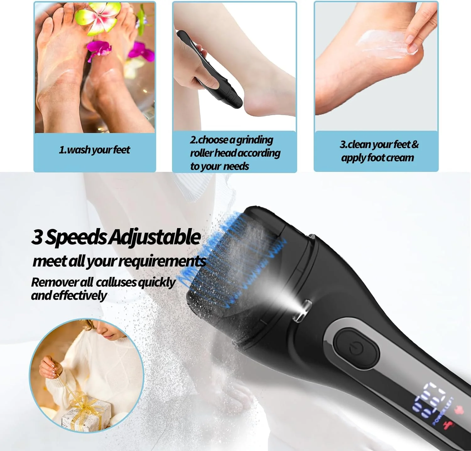 سوهان برقی پدیکور پا Putorex، کیت مراقبت حرفه ای و قابل حمل پا، ضد آب و قابل شارژ، ابزار سوهان پدیکور پا، 4 غلتک، 3 سرعت، نمایشگر باتری، برای پوست های خشک، ترک خورده و مرده
