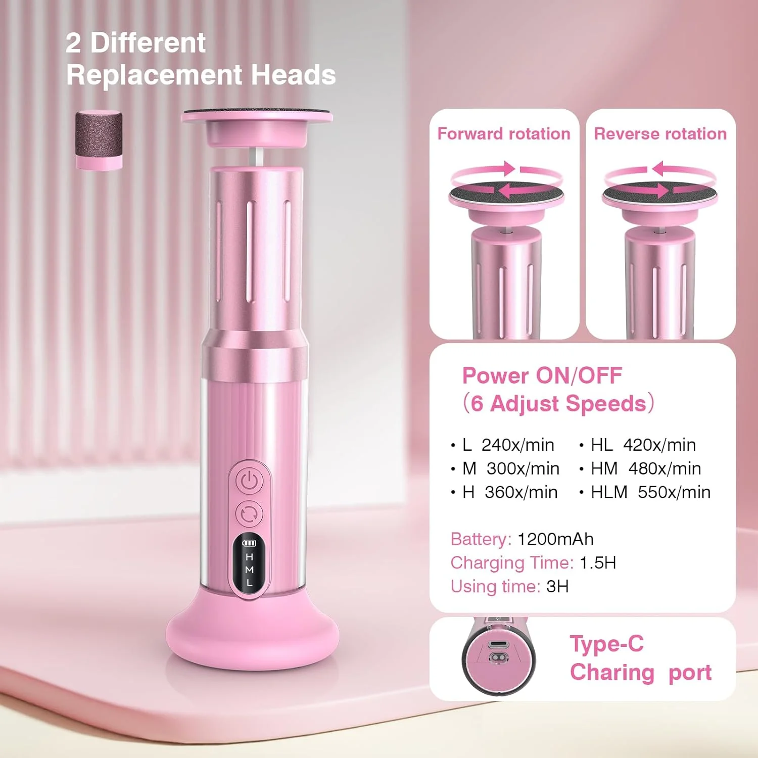 سوهان برقی پاشنه پا با طول 15 سانتی متر، سوهان برقی بی سیم پا، سوهان پا شارژی 6 سرعته قابل تنظیم، سمباده پا برای از بین بردن پینه، ابزار پدیکور با 20 عدد دیسک سمباده، صورتی