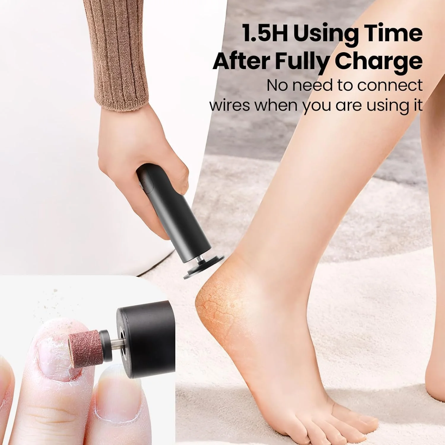 دستگاه سوهان برقی پا، سنگ پا برقی، اسکرابر پا، ابزار پدیکور و از بین بردن پوست های ترک خورده، خشک و مرده همراه با دیسک سمباده ای تعویضی