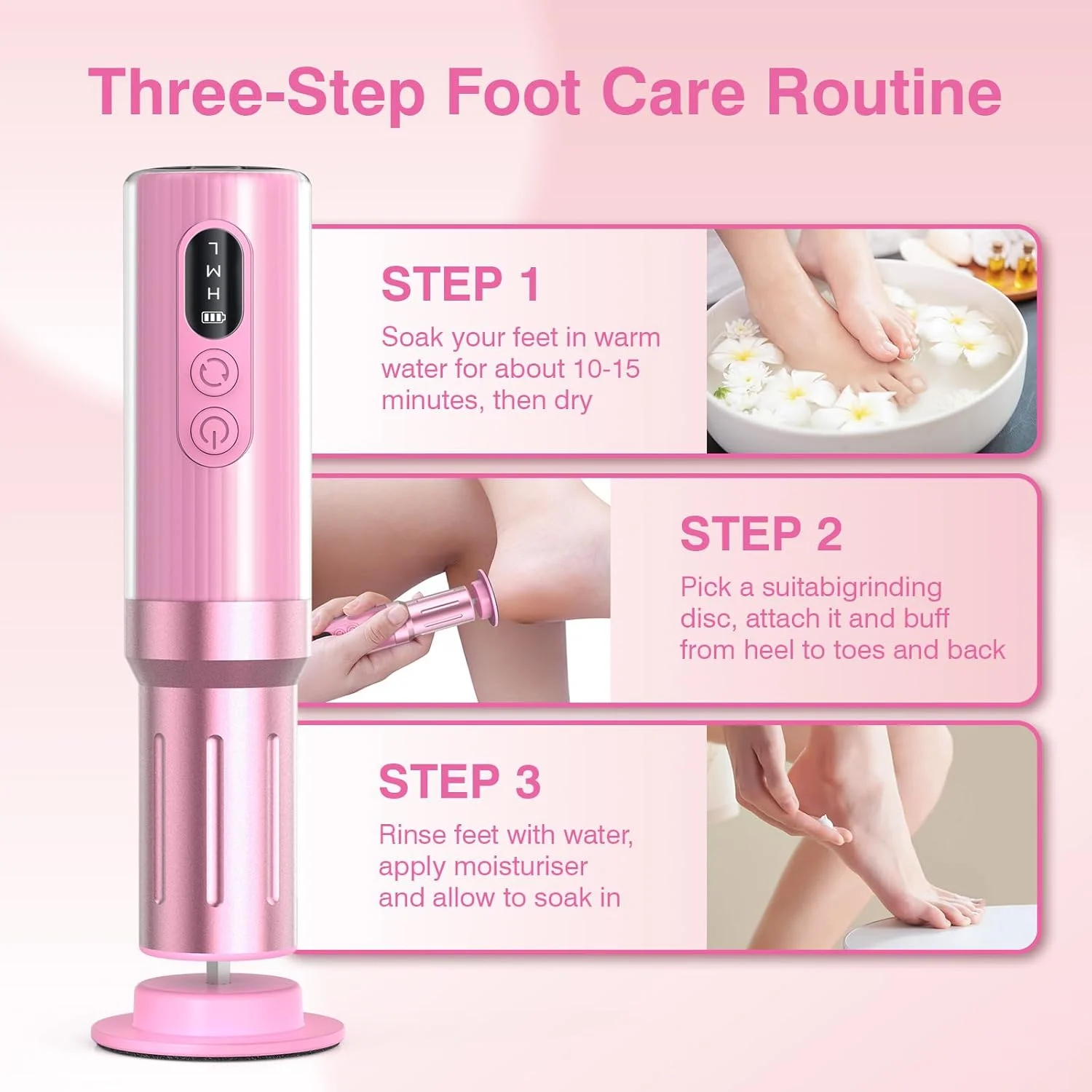 سوهان برقی پاشنه پا با طول 15 سانتی متر، سوهان برقی بی سیم پا، سوهان پا شارژی 6 سرعته قابل تنظیم، سمباده پا برای از بین بردن پینه، ابزار پدیکور با 20 عدد دیسک سمباده، صورتی