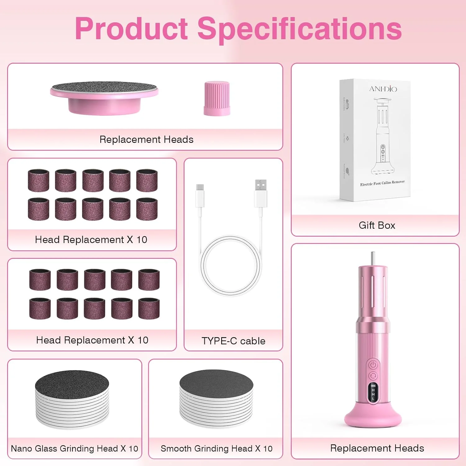 سوهان برقی پاشنه پا با طول 15 سانتی متر، سوهان برقی بی سیم پا، سوهان پا شارژی 6 سرعته قابل تنظیم، سمباده پا برای از بین بردن پینه، ابزار پدیکور با 20 عدد دیسک سمباده، صورتی