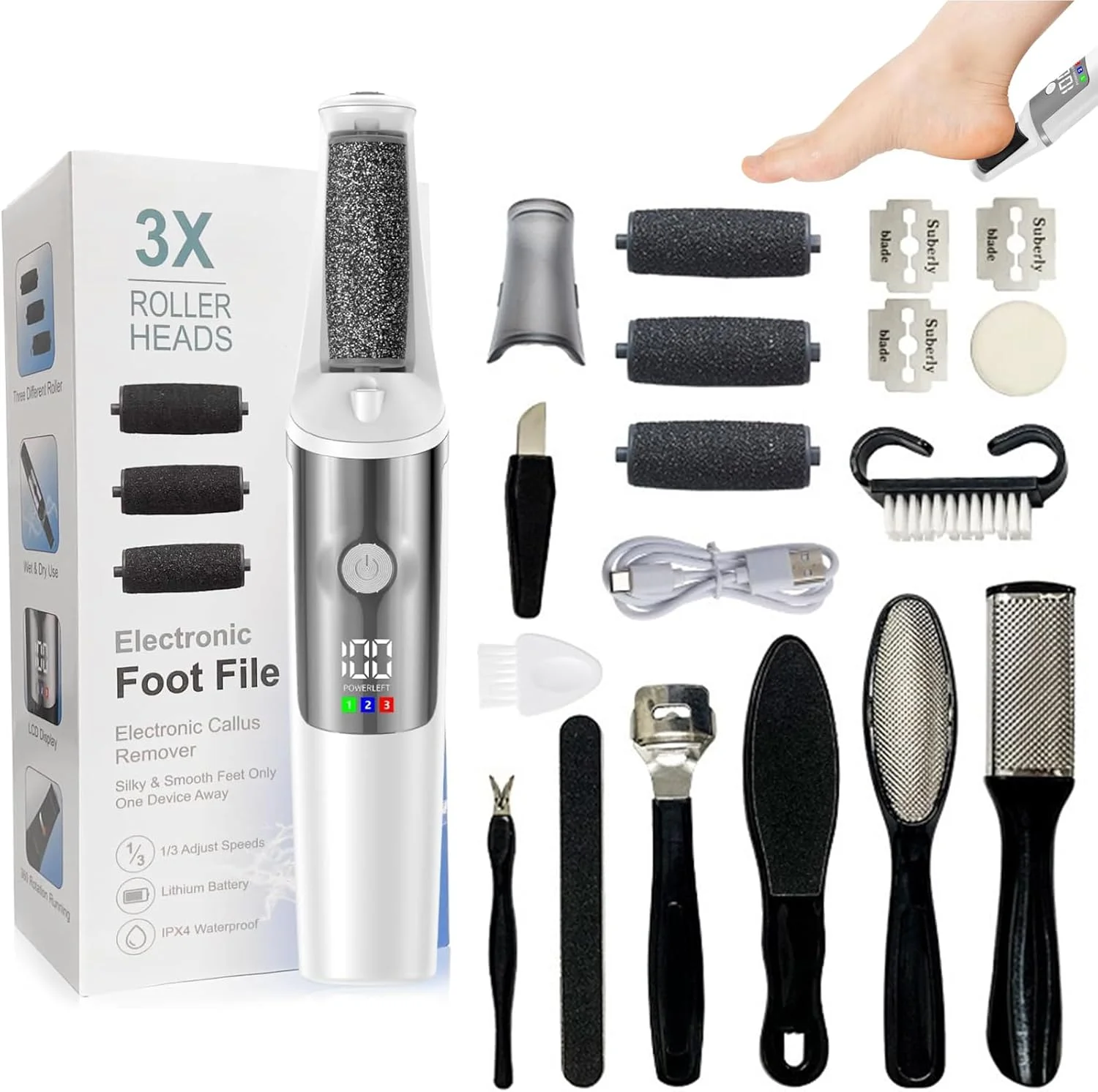 Electric Foot Scrubber, 10-in-1Rechargeable Callus Remover For Feet, Pedicure Tool with 3 Rollers & 3 Speeds Foot Scrubber, Professional Dead Skin Remover for Smooth Feet Electric Callus Remover Kit