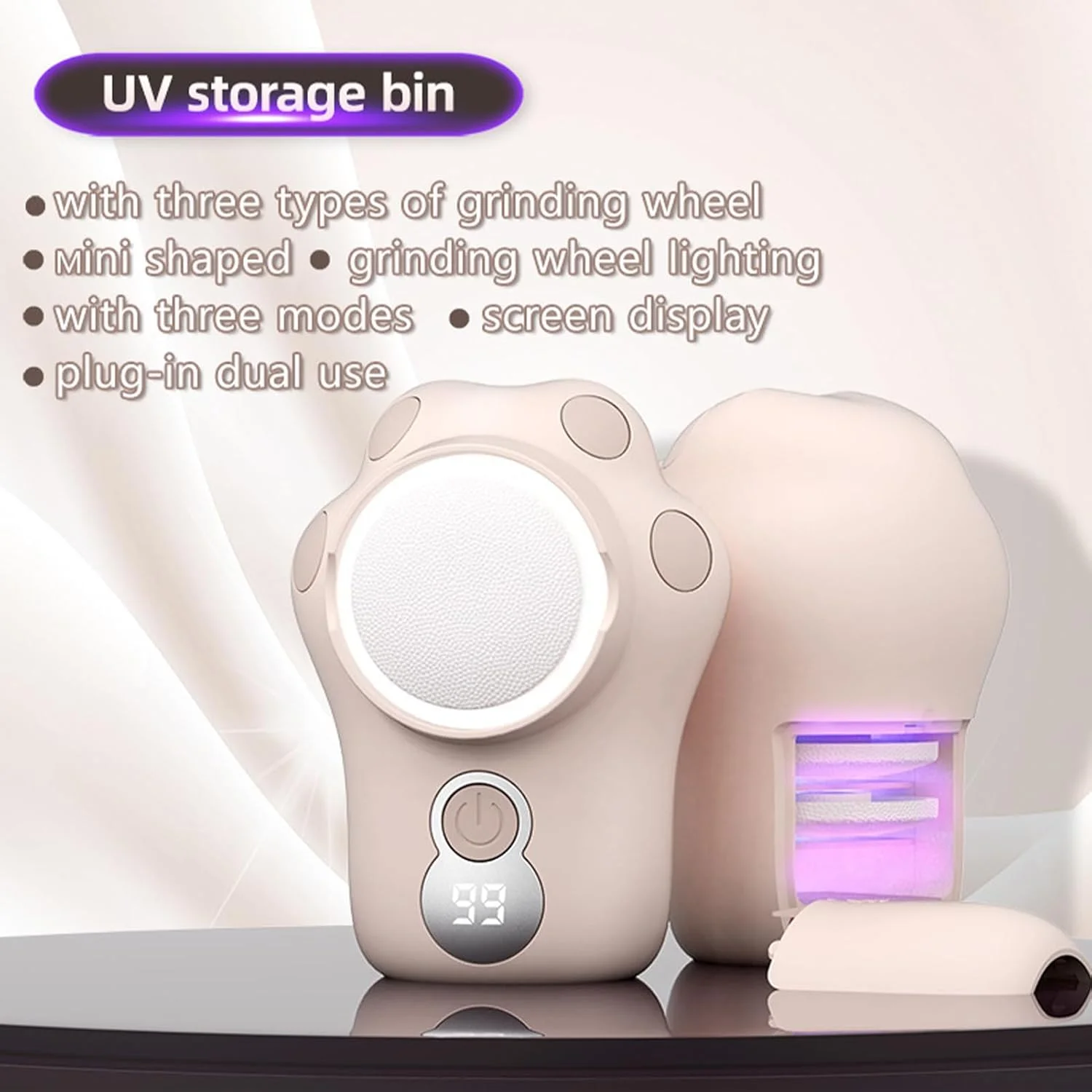 سوهان برقی پا | از بین برنده پوست مرده پا | ابزار پدیکور بهداشتی و زیبایی با محفظه تمیز کننده UV داخلی برای مسافرت، اسپا و خانه