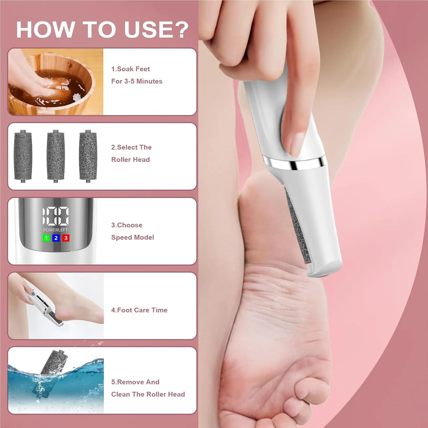 Electric Foot Scrubber, 10-in-1Rechargeable Callus Remover For Feet, Pedicure Tool with 3 Rollers & 3 Speeds Foot Scrubber, Professional Dead Skin Remover for Smooth Feet Electric Callus Remover Kit